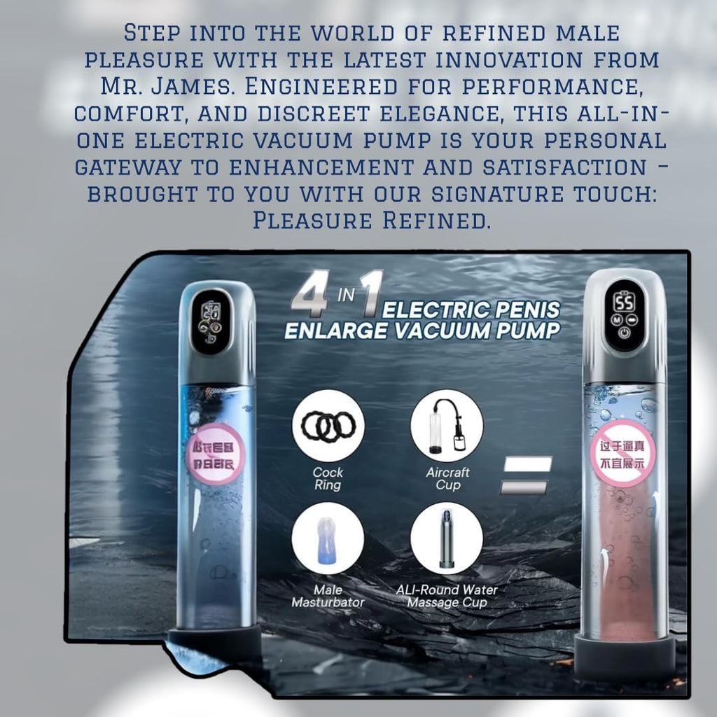 Mr. James® 6-in-1 Electric Penis Vacuum Pump – LED Display, 6 Training & 5 Suction Modes, Waterproof Male Enlarger with Cock Ring & Aircraft Cup – Pleasure Refined