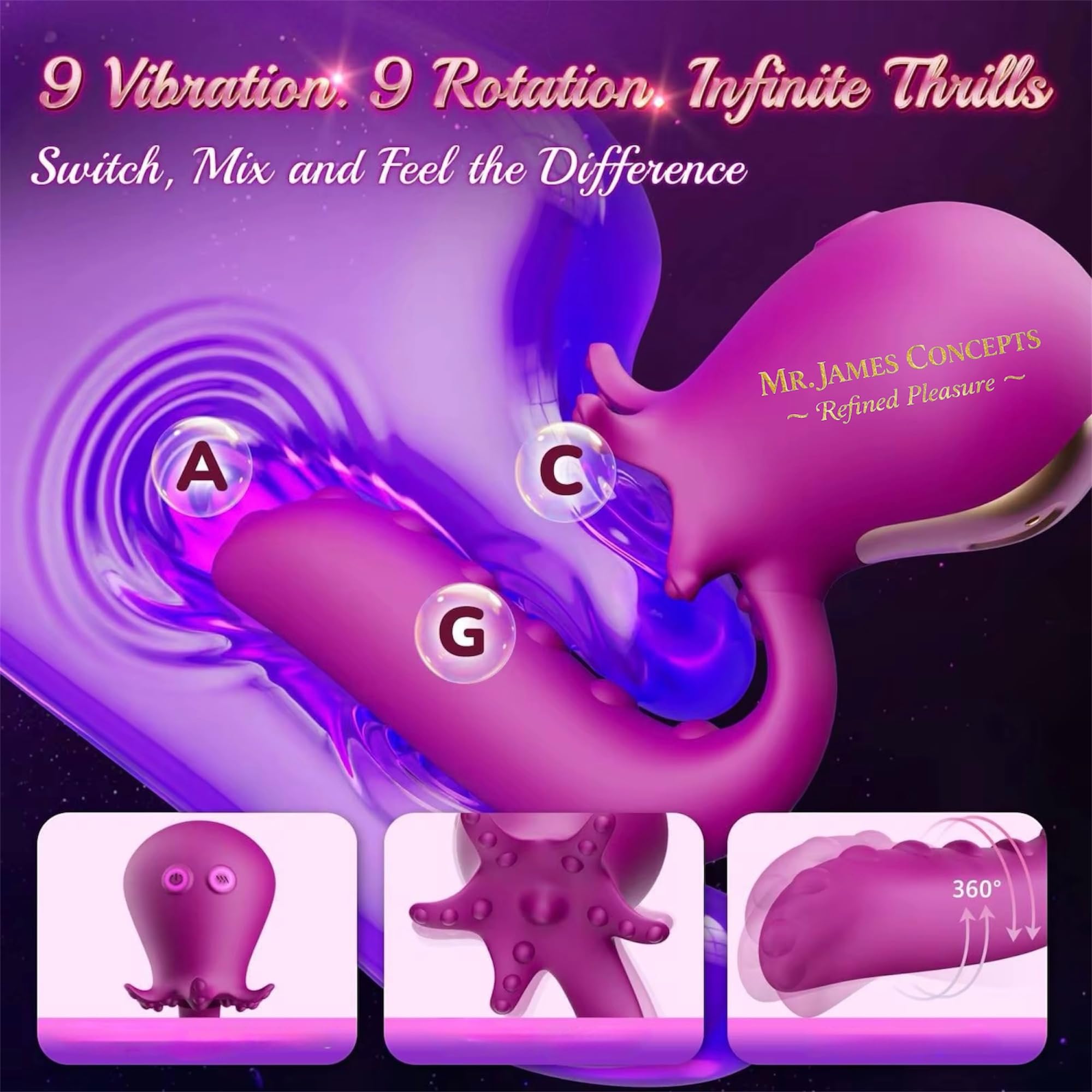 Mr James Concepts Octopus Dual Head Clitoral Suction & Rotation Vibrator – 360° Rotating G-Spot Stimulator with Air Pulse Technology, 10 Modes, APP Remote Control – Refined Pleasure Collection