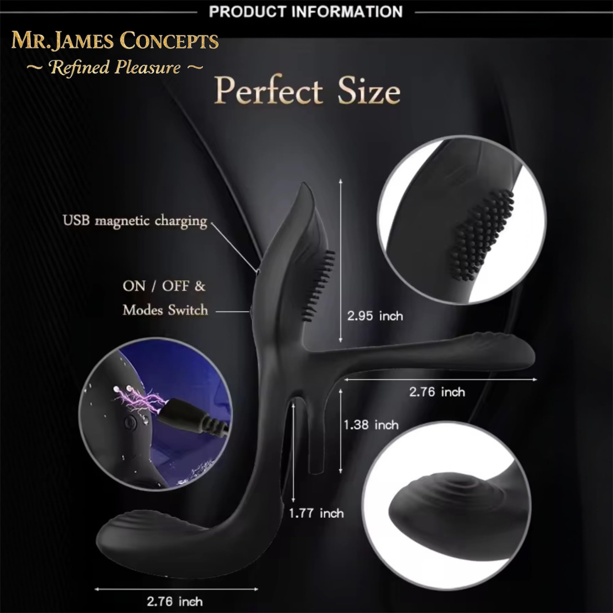 Mr James Concepts Prostate Stimulator with Dual Ring – USB Magnetic Rechargeable Male Vibrator, 10+10+10 Modes, Stretchable Silicone, Waterproof, Remote Control, Fits All
