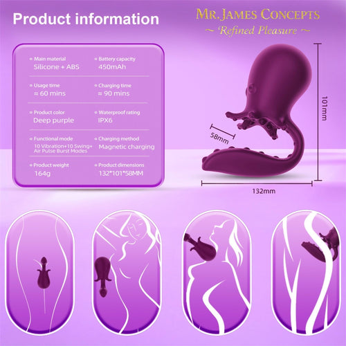 Mr James Concepts Octopus Dual Head Clitoral Suction & Rotation Vibrator – 360° Rotating G-Spot Stimulator with Air Pulse Technology, 10 Modes, APP Remote Control – Refined Pleasure Collection