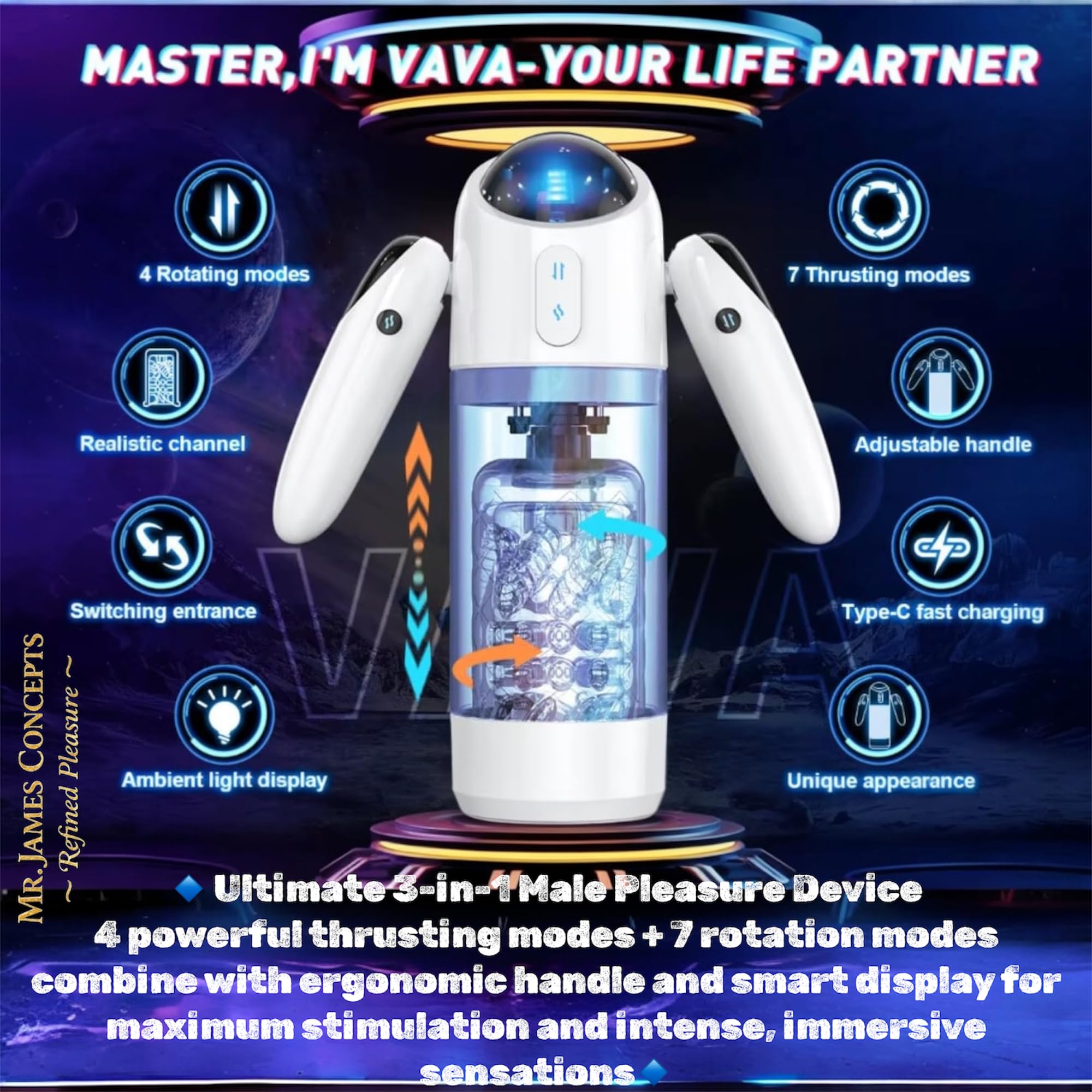 Mr. James™ Thrust & Rotate – Next-Gen Automatic Male Masturbator | Dual Entrance | USB-C Rechargeable | 7 LED Modes