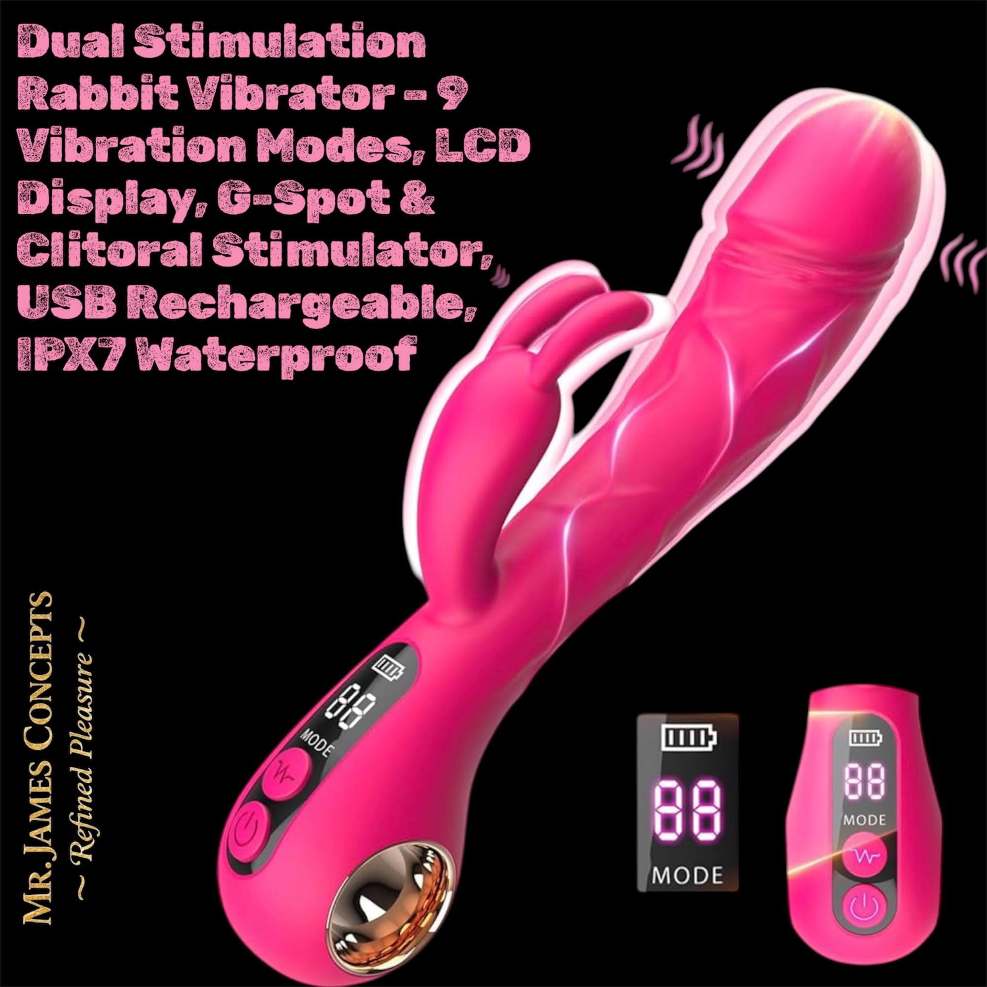 Mr. James Dual Stimulation Rabbit Vibrator – 9 Vibration Modes, LCD Display, G-Spot & Clitoral Stimulator, USB Rechargeable, IPX7 Waterproof – Pleasure Refined