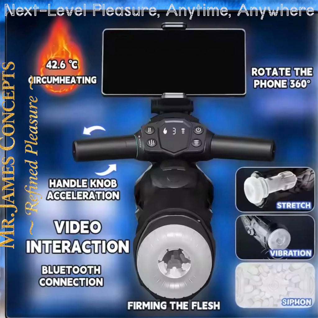 Mr. James Concepts™ Bluetooth Thrusting Male Masturbator Cup – Automatic Heating, Suction & Vibration with 360° Phone Holder | Telescopic Penis Stroker with 10 Suction & 13 Vibration Modes – Refined P