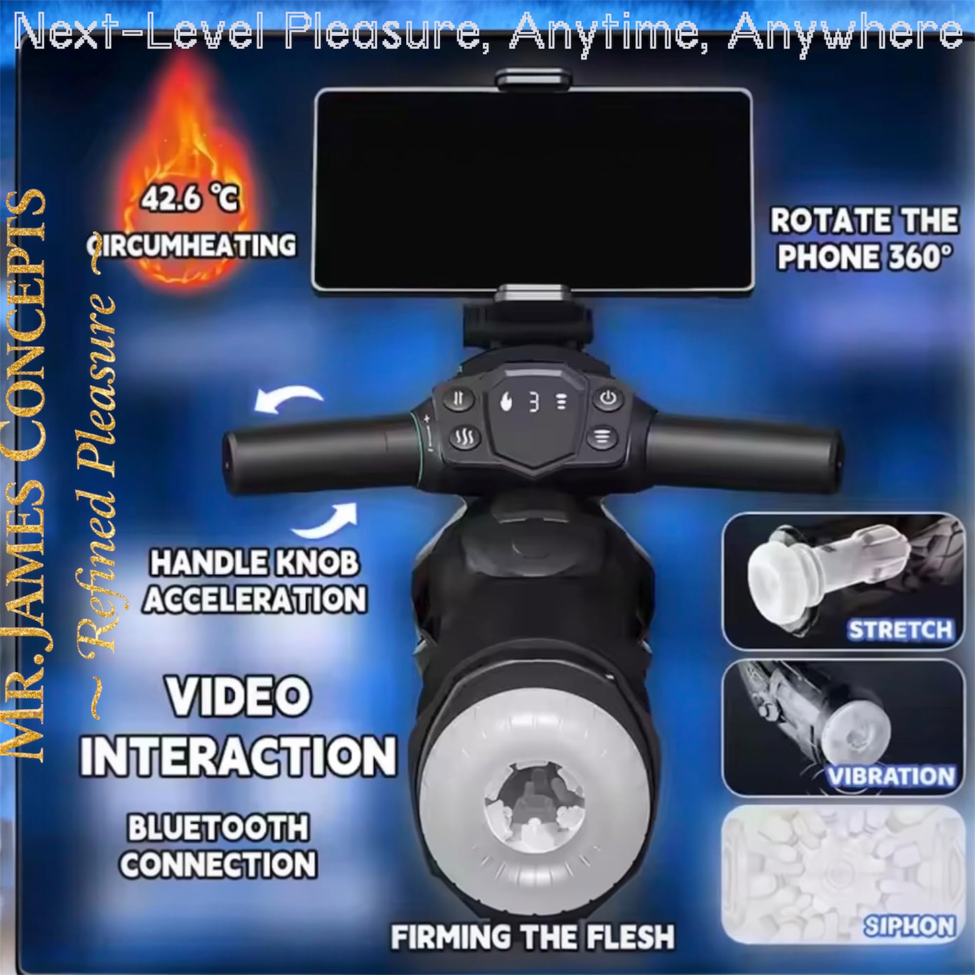 Mr. James Concepts™ Bluetooth Thrusting Male Masturbator Cup – Automatic Heating, Suction & Vibration with 360° Phone Holder | Telescopic Penis Stroker with 10 Suction & 13 Vibration Modes – Refined P