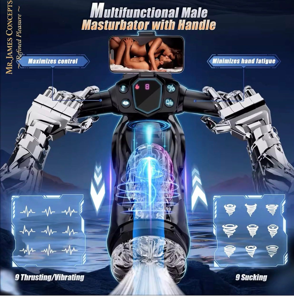 Mr. James Concepts™ Bluetooth Thrusting Male Masturbator Cup – Automatic Heating, Suction & Vibration with 360° Phone Holder | Telescopic Penis Stroker with 10 Suction & 13 Vibration Modes – Refined P