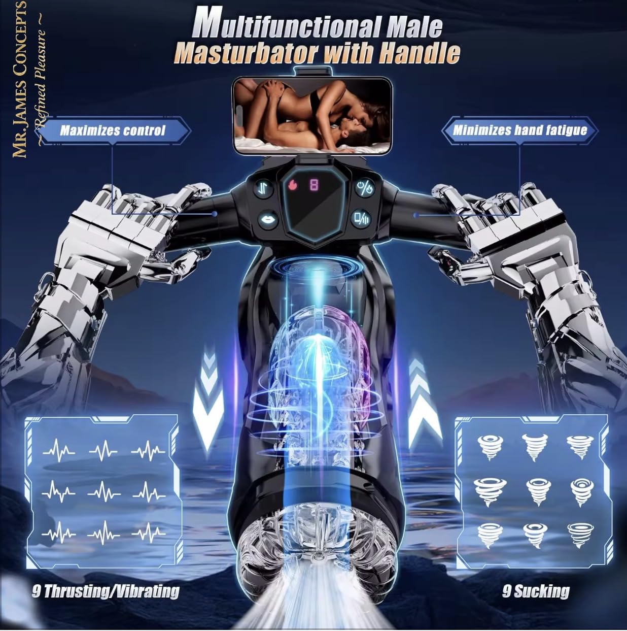 Mr. James Concepts™ Bluetooth Thrusting Male Masturbator Cup – Automatic Heating, Suction & Vibration with 360° Phone Holder | Telescopic Penis Stroker with 10 Suction & 13 Vibration Modes – Refined P