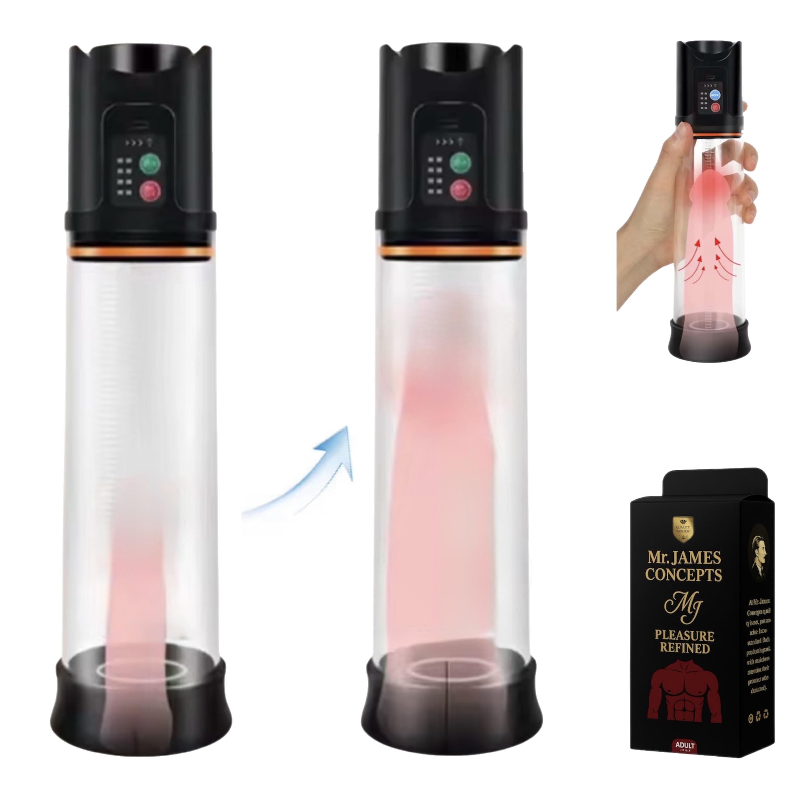 Mr. James Concepts Electric Penis Pump & Masturbation Trainer – Automatic Vacuum Enhancer with 4 Suction Modes, 2 Rubber Rings, Stronger Erections & Stamina Booster – Waterproof Silicone Cup (Black)