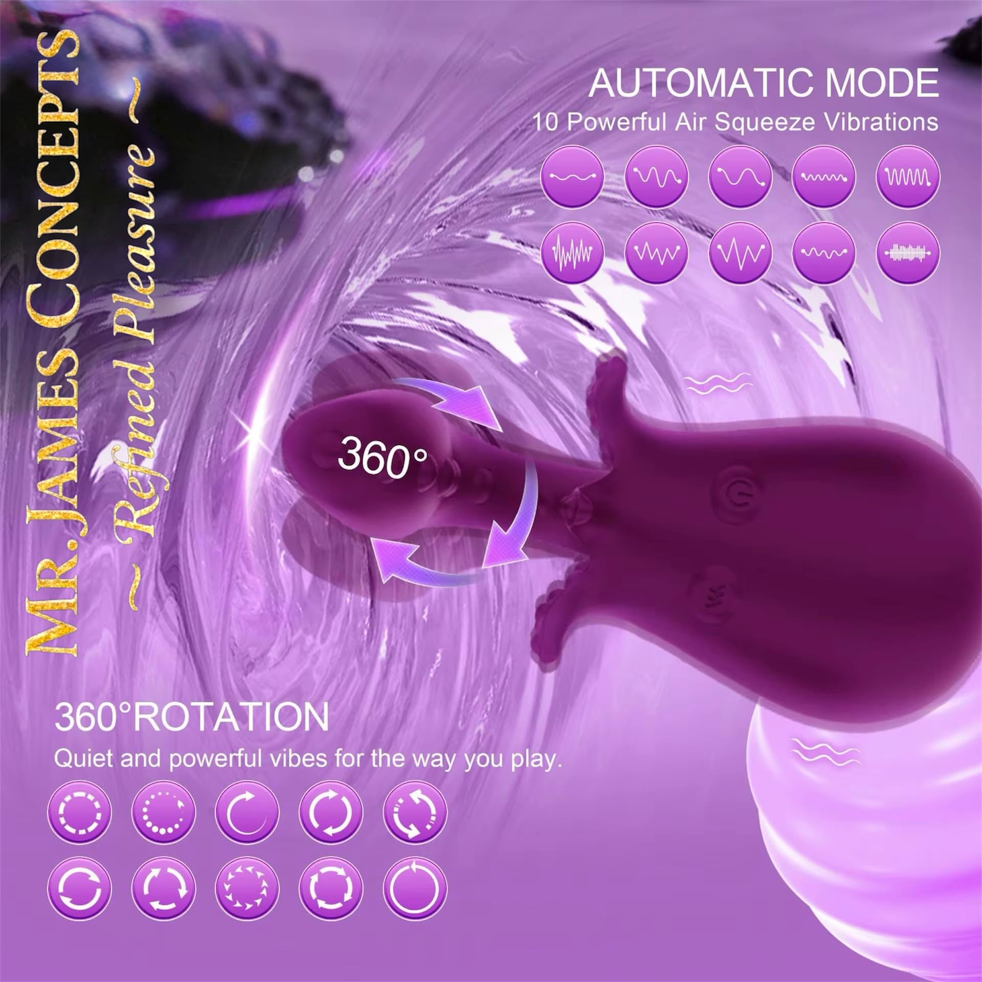 Mr James Concepts Octopus Dual Head Clitoral Suction & Rotation Vibrator – 360° Rotating G-Spot Stimulator with Air Pulse Technology, 10 Modes, APP Remote Control – Refined Pleasure Collection