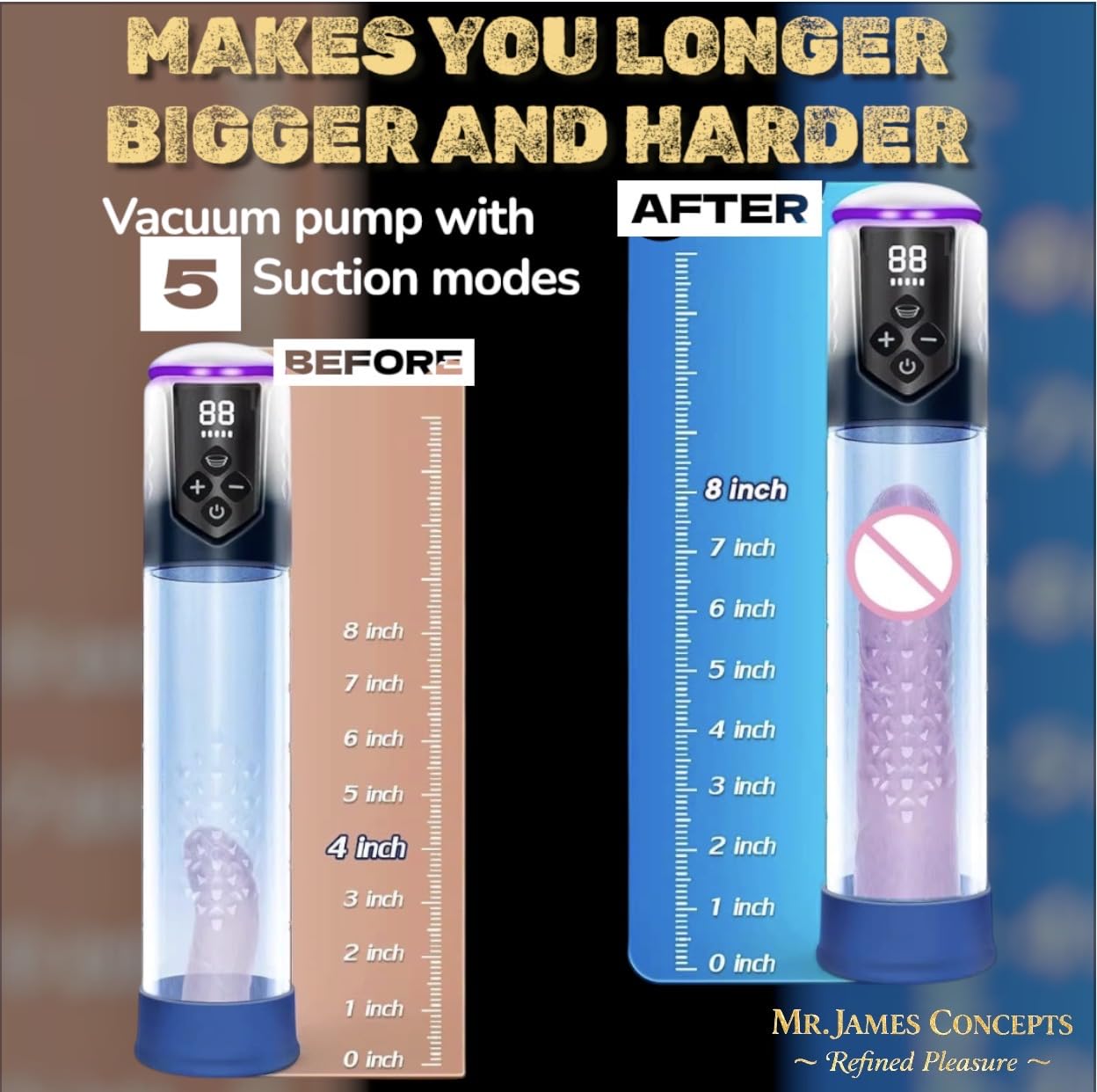 Mr. James Concepts Electric Penis Pump – Automatic Vacuum Enlarger & Male Masturbator | 5 Suction Modes, LCD Touch Display, Pocket Pussy Sleeve, USB Rechargeable, IPX7 Waterproof