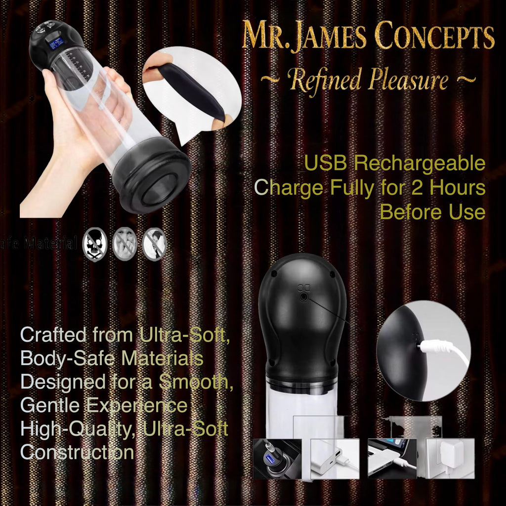 Mr. James Concepts Automatic Penis Pump – Water & Air Vacuum Training Device with 6 Suction Levels & 6 Modes | Rechargeable Male Performance & Wellness Device – Refined Pleasure Series
