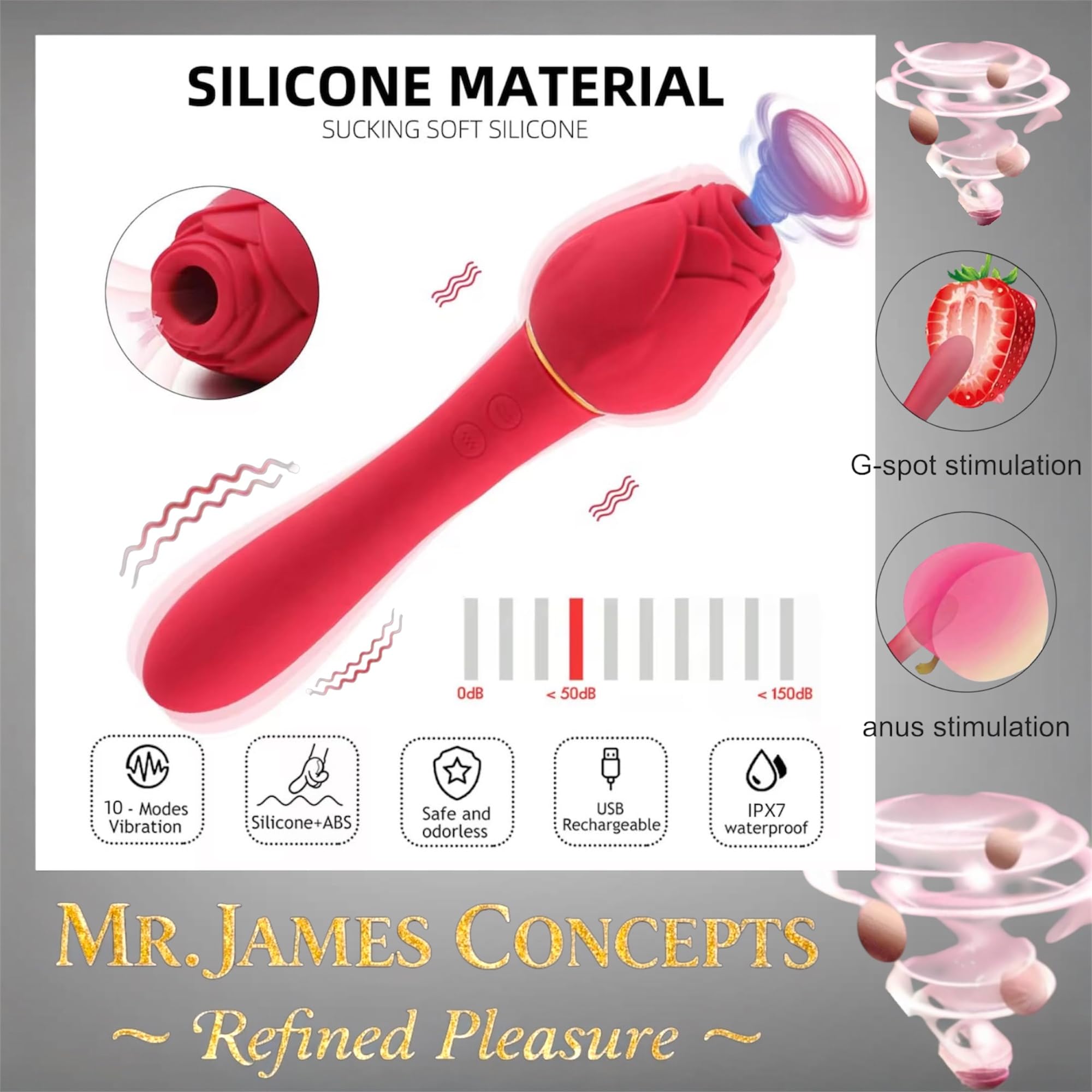 Mr. James Rośe Vibrator for Women – 10 Vibration Modes, Clitoral & G-Spot Stimulation, Tongue-Like Suction, USB Rechargeable, IPX7 Waterproof – Elegant Spa-Style Silicone Massager