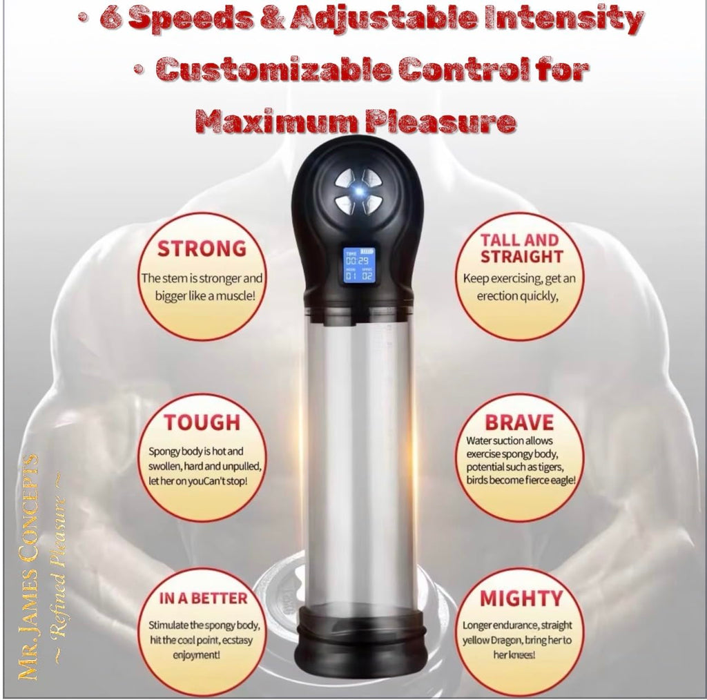 Mr. James Concepts Automatic Penis Pump – Water & Air Vacuum Training Device with 6 Suction Levels & 6 Modes | Rechargeable Male Performance & Wellness Device – Refined Pleasure Series