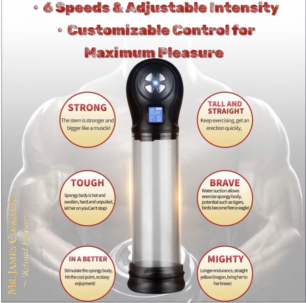 Mr. James Concepts Automatic Penis Pump – Water & Air Vacuum Training Device with 6 Suction Levels & 6 Modes | Rechargeable Male Performance & Wellness Device – Refined Pleasure Series