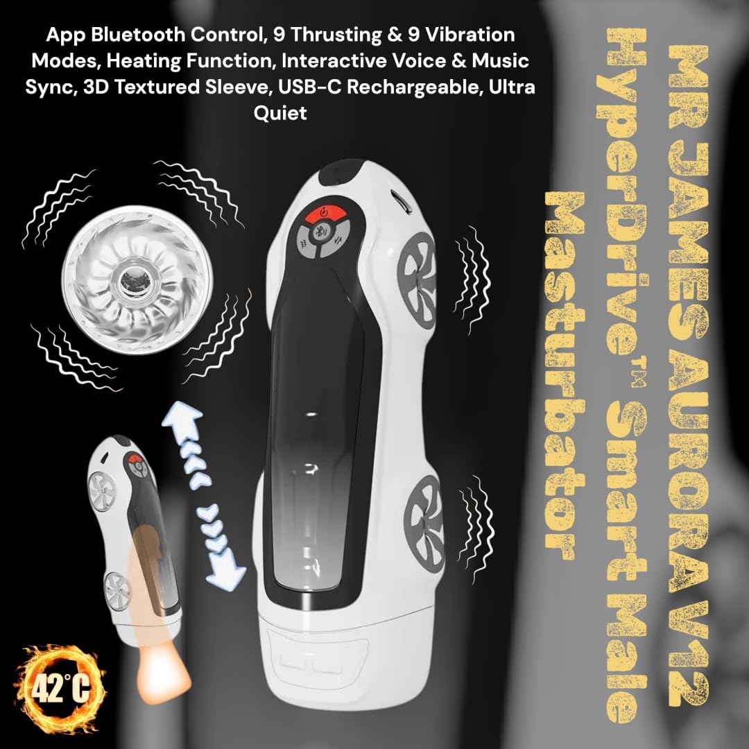 MR JAMES AURORA V12 HyperDrive™ Smart Male Masturbator – App Bluetooth Control, 9 Thrusting & 9 Vibration Modes, Heating Function, Interactive Voice & Music Sync, 3D Textured Sleeve, USB-C Rechargeabl