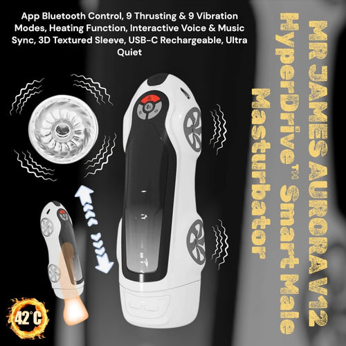 MR JAMES AURORA V12 HyperDrive™ Smart Male Masturbator – App Bluetooth Control, 9 Thrusting & 9 Vibration Modes, Heating Function, Interactive Voice & Music Sync, 3D Textured Sleeve, USB-C Rechargeabl