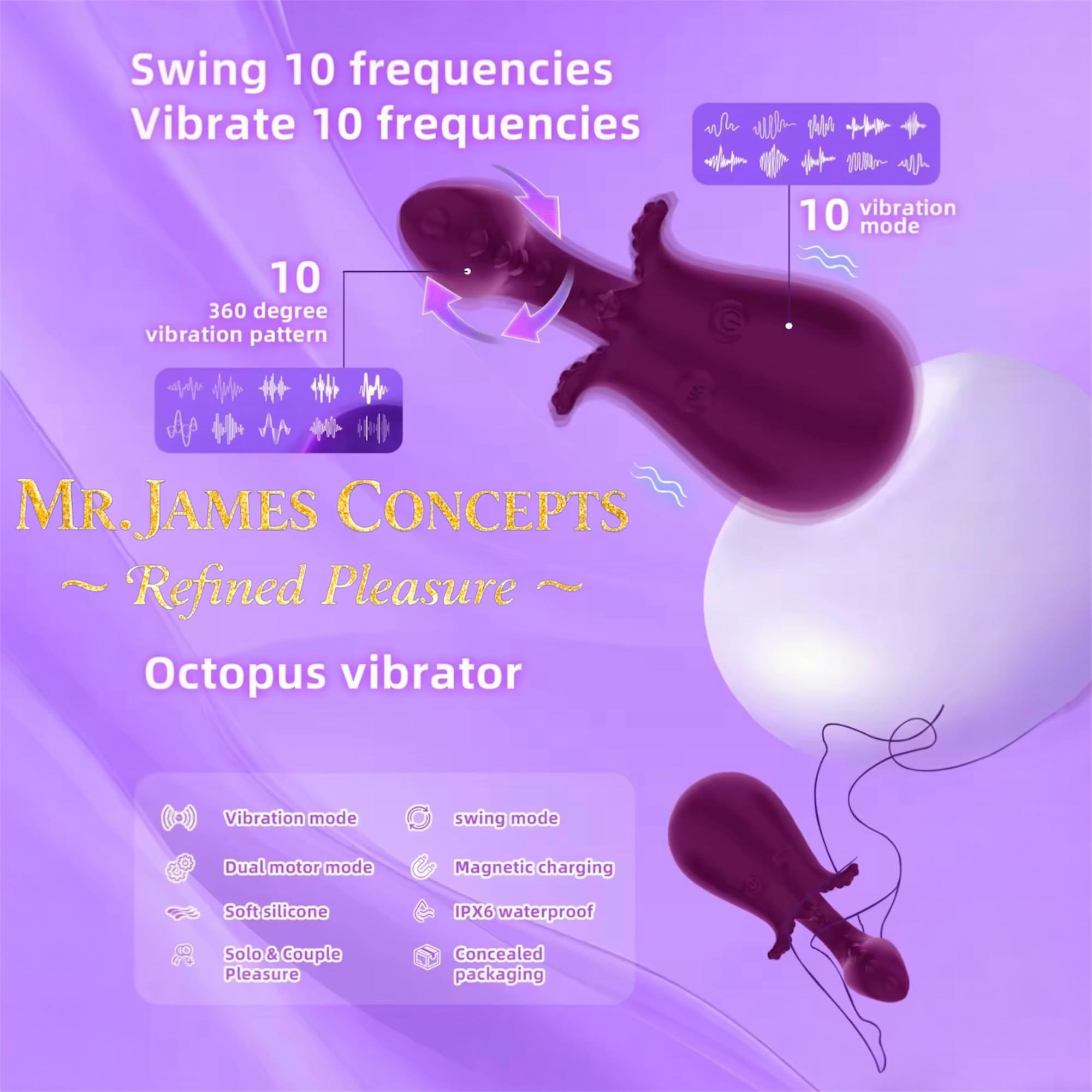 Mr James Concepts Octopus Dual Head Clitoral Suction & Rotation Vibrator – 360° Rotating G-Spot Stimulator with Air Pulse Technology, 10 Modes, APP Remote Control – Refined Pleasure Collection