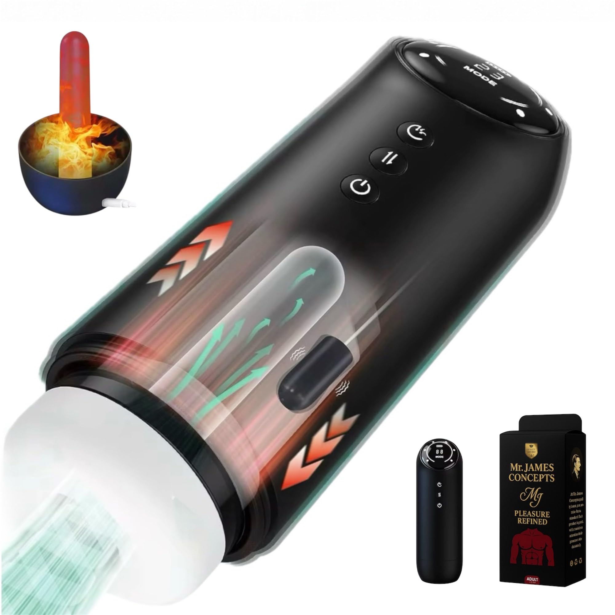 Mr. James™ Electric Masturbation Cup for Men – 10 Vibration & 4 Suction Modes, Thrusting, Moaning, Heating Base – Auto Stroker for Intense Male Pleasure