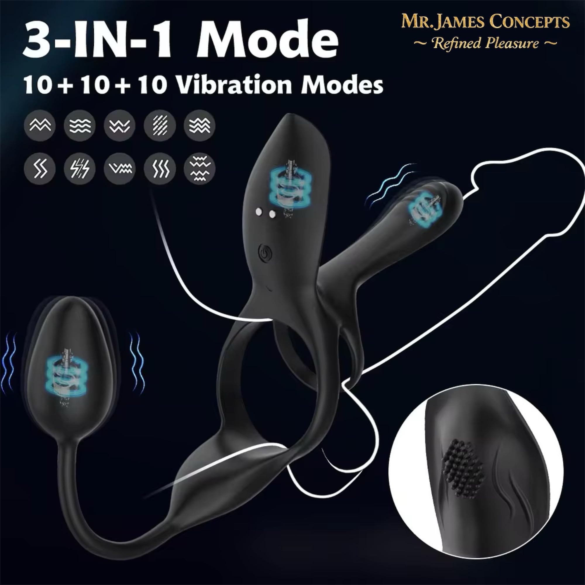 Mr James Concepts Prostate Stimulator with Dual Ring – USB Magnetic Rechargeable Male Vibrator, 10+10+10 Modes, Stretchable Silicone, Waterproof, Remote Control, Fits All