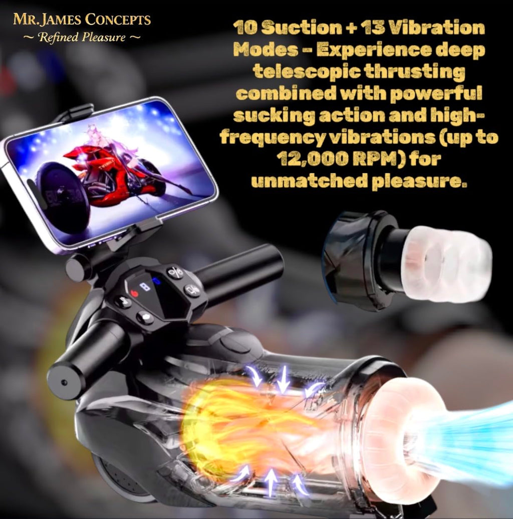 Mr. James Concepts™ Bluetooth Thrusting Male Masturbator Cup – Automatic Heating, Suction & Vibration with 360° Phone Holder | Telescopic Penis Stroker with 10 Suction & 13 Vibration Modes – Refined P