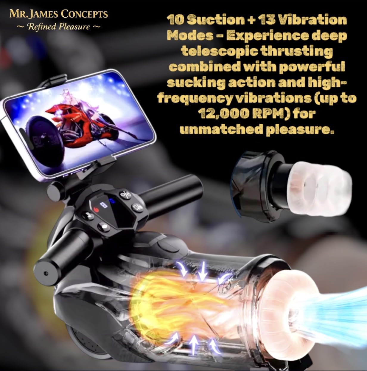 Mr. James Concepts™ Bluetooth Thrusting Male Masturbator Cup – Automatic Heating, Suction & Vibration with 360° Phone Holder | Telescopic Penis Stroker with 10 Suction & 13 Vibration Modes – Refined P