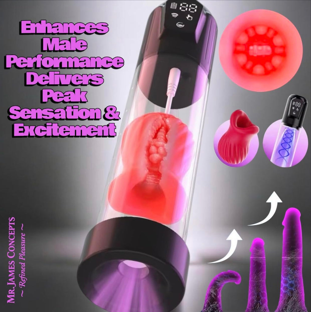 Mr. James Concepts APP-Controlled Electric Penis Pump & Male Masturbator – Automatic Vacuum Enlargement Device with 5 Suction Modes & 3D TPE Sleeve | USB Rechargeable, 100% Waterproof, Delay Training