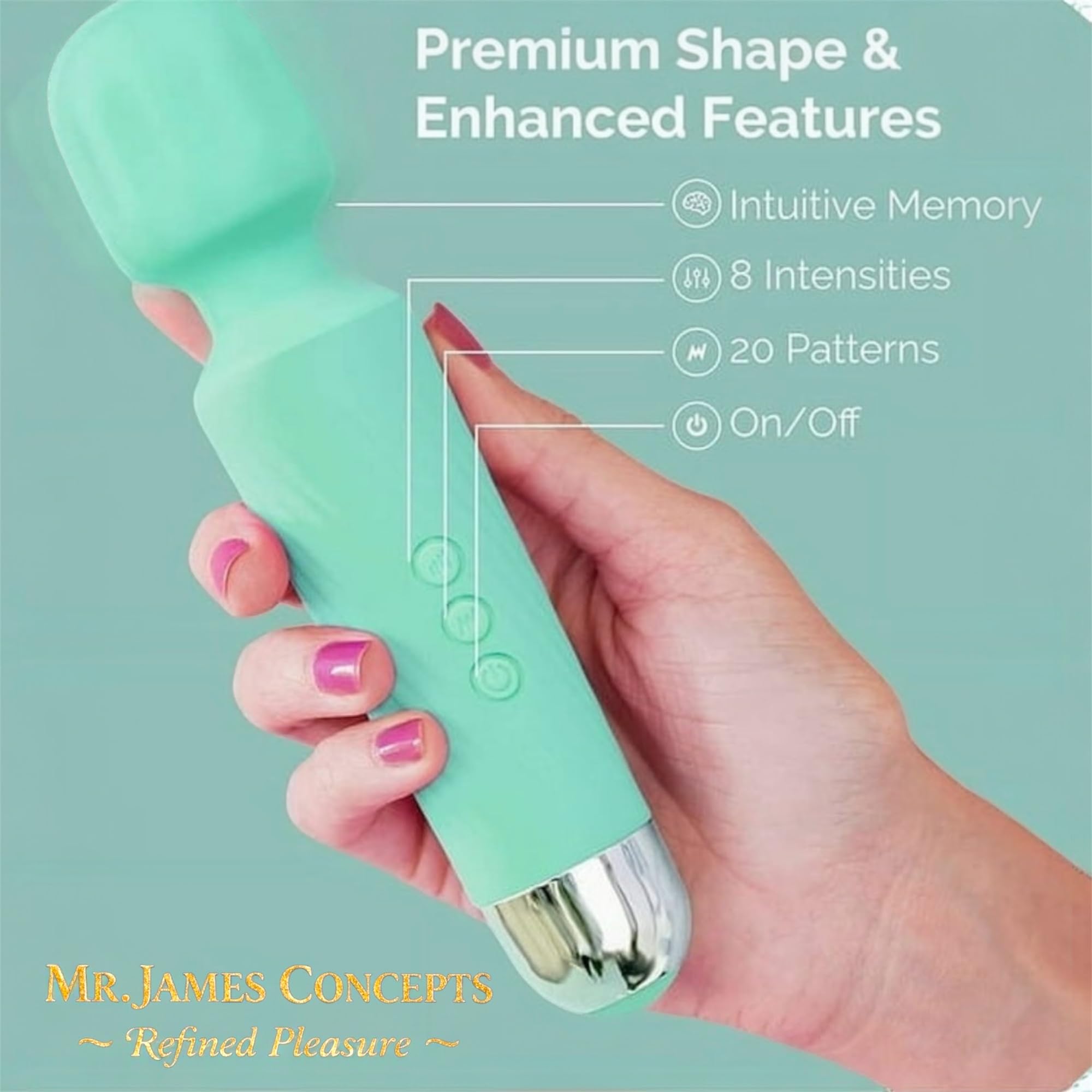 Mr James Concepts Refined Pleasure Rechargeable Wand Massager – 20 Patterns & 8 Speeds Personal Massager, Powerful Quiet Vibration, Flexible Head, Medical Grade Silicone, Waterproof IPX7 Body Massager