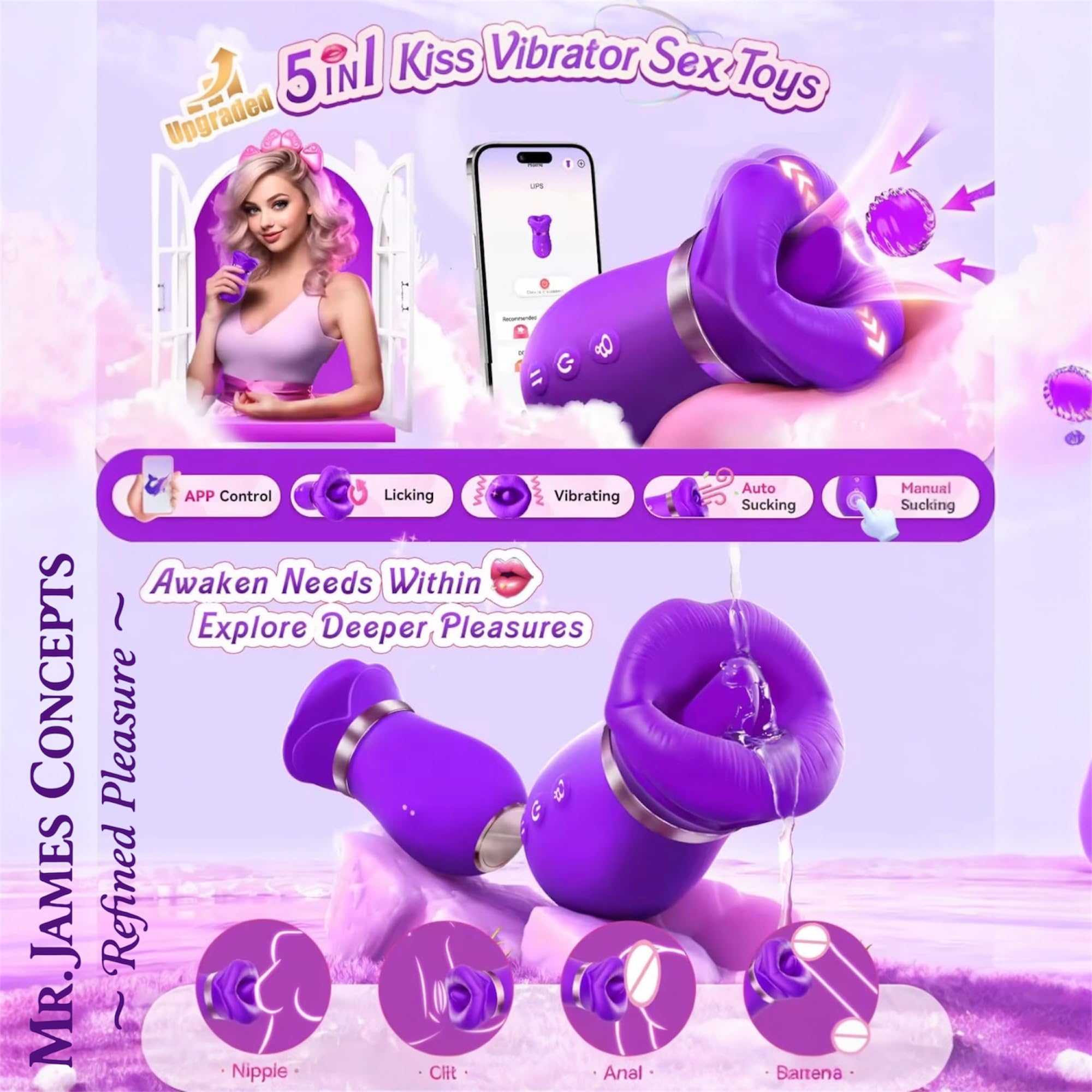 Mr. James™ 5-in-1 Smart Pleasure Device – APP-Controlled Kiss Vibrator with Licking, Vibration & Suction – Ergonomic Design for External Intimate Massage – Rechargeable & Waterproof