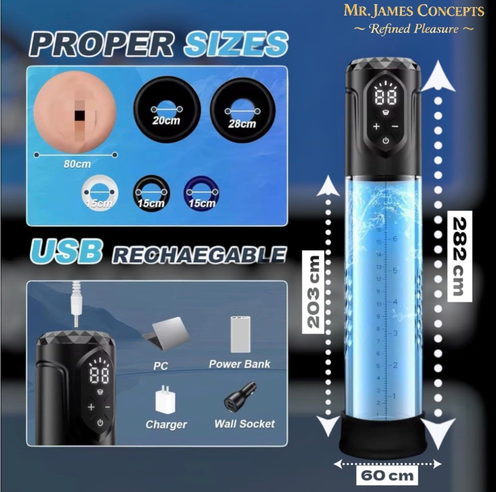 Mr. James Concepts Electric Penis Pump – Automatic Vacuum Enlarger & Male Masturbator | 5 Suction Modes, LCD Touch Display, Pocket Pussy Sleeve, USB Rechargeable, IPX7 Waterproof