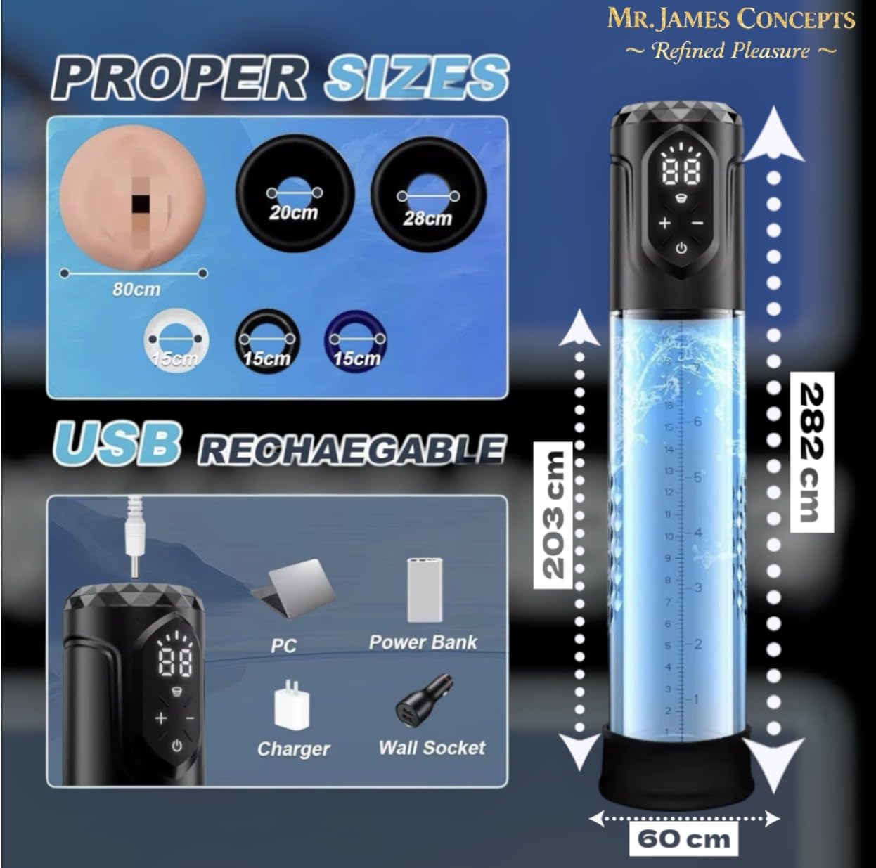 Mr. James Concepts Electric Penis Pump – Automatic Vacuum Enlarger & Male Masturbator | 5 Suction Modes, LCD Touch Display, Pocket Pussy Sleeve, USB Rechargeable, IPX7 Waterproof