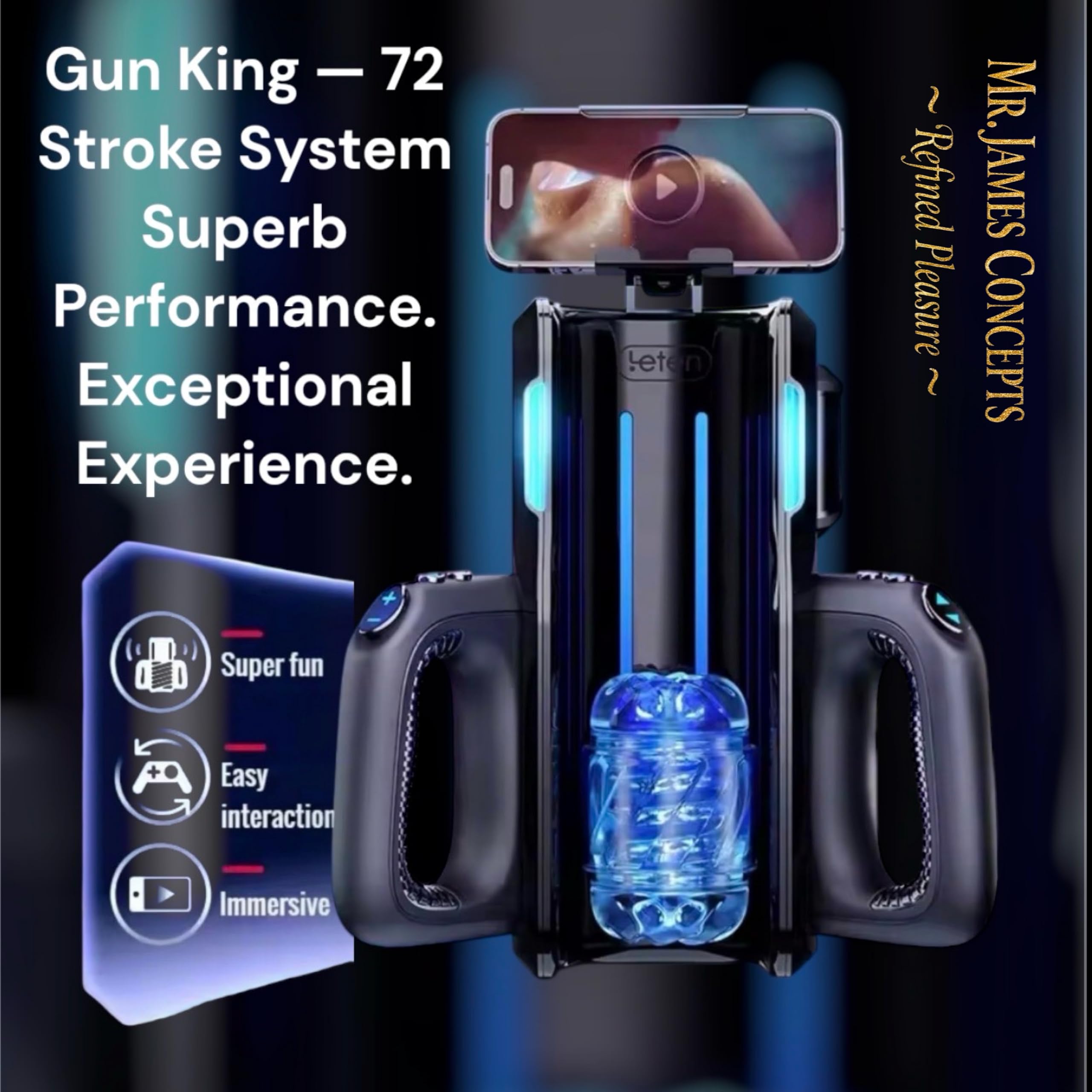 Mr. James Concepts King of Guns PRO – Automatic Telescopic Masturbator Machine with 72 Thrusting Modes, Dual-Handle Interactive Control, Realistic Vagina Liner, Type-C, Waterproof Men’s Pleasure Robot