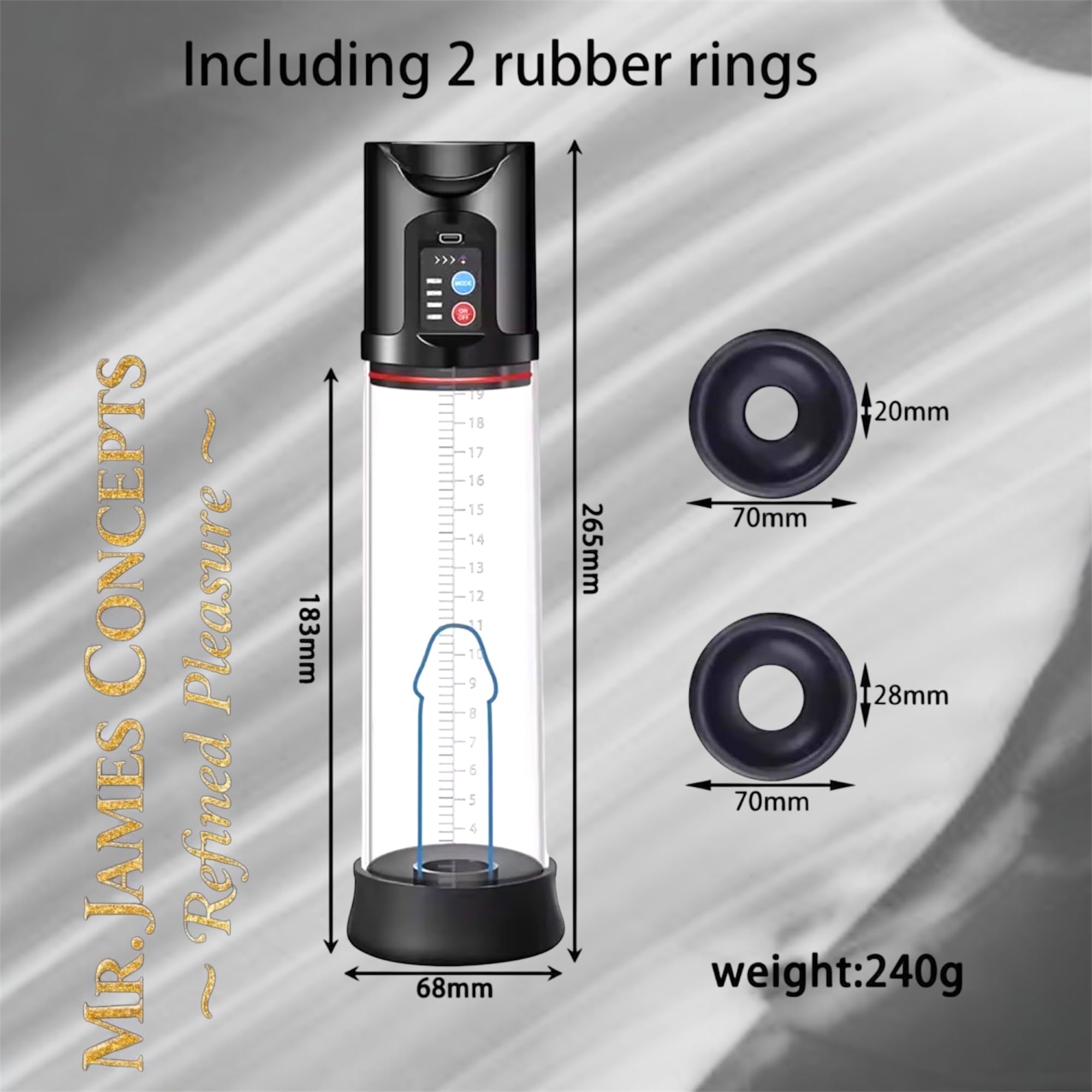 Mr. James Concepts Electric Penis Pump & Masturbation Trainer – Automatic Vacuum Enhancer with 4 Suction Modes, 2 Rubber Rings, Stronger Erections & Stamina Booster – Waterproof Silicone Cup (Black)