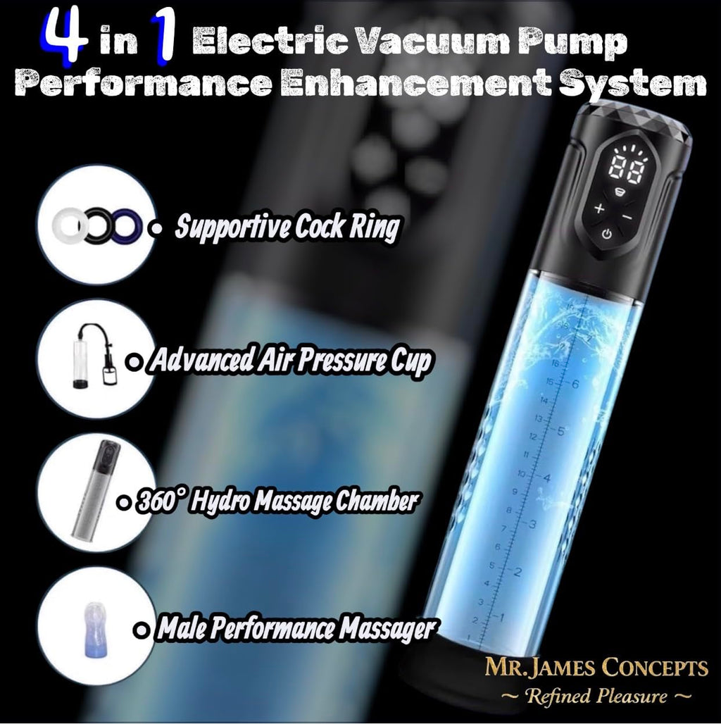 Mr. James Concepts Electric Penis Pump – Automatic Vacuum Enlarger & Male Masturbator | 5 Suction Modes, LCD Touch Display, Pocket Pussy Sleeve, USB Rechargeable, IPX7 Waterproof