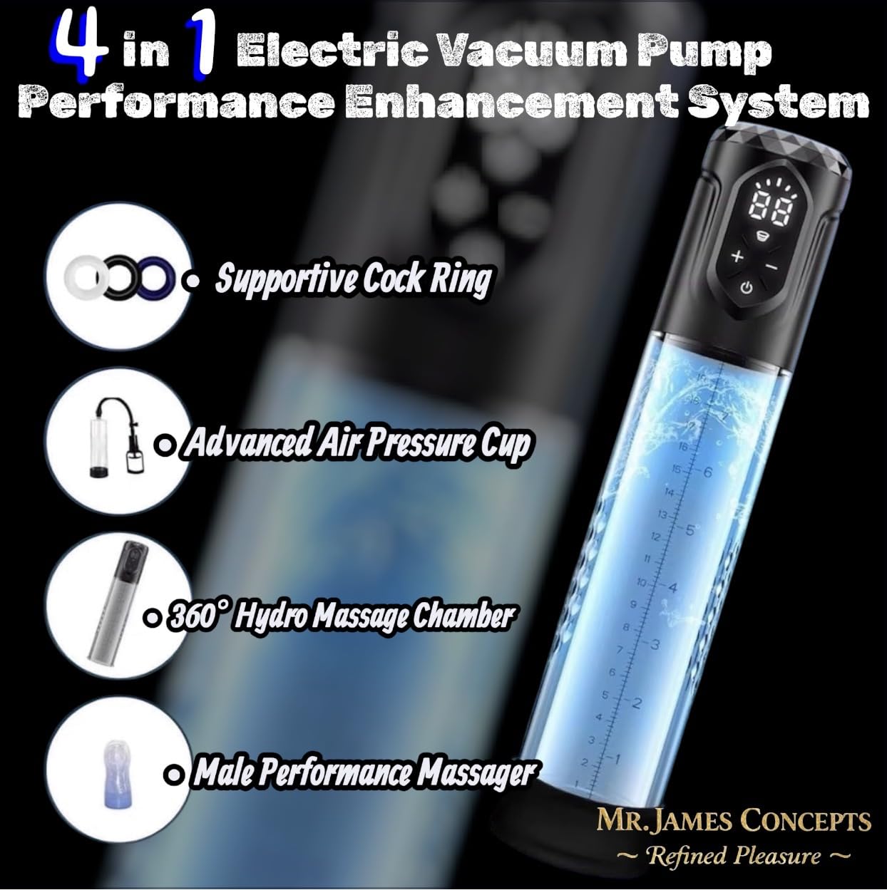 Mr. James Concepts Electric Penis Pump – Automatic Vacuum Enlarger & Male Masturbator | 5 Suction Modes, LCD Touch Display, Pocket Pussy Sleeve, USB Rechargeable, IPX7 Waterproof