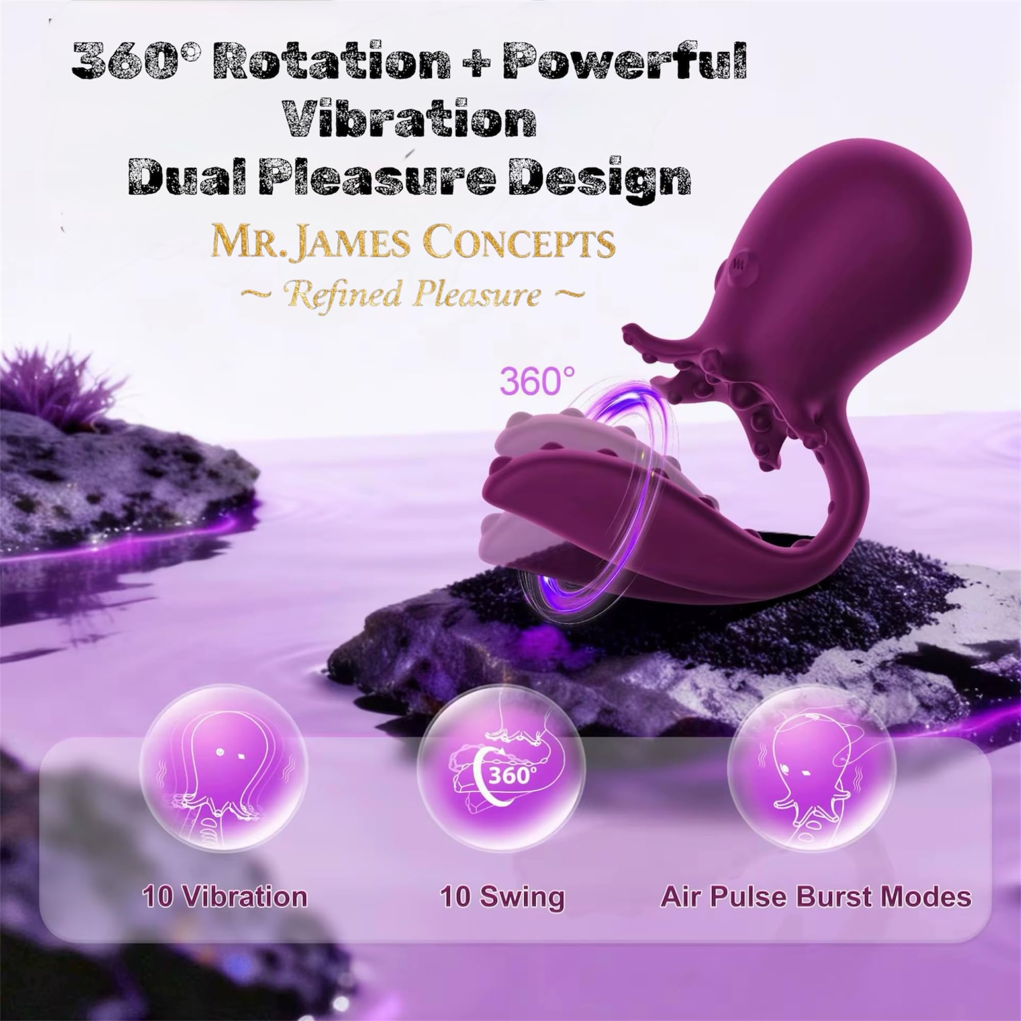 Mr James Concepts Octopus Dual Head external Suction & Rotation massager – 360° Rotating curved Stimulator with Air Pulse Technology, 10 Modes, APP Remote Control – Refined comfort Collection