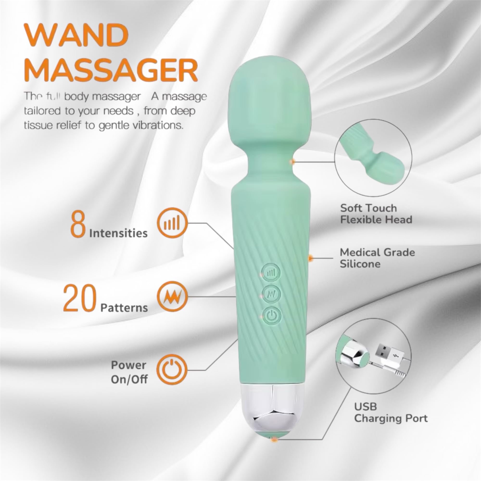 Mr James Concepts Refined Pleasure Rechargeable Wand Massager – 20 Patterns & 8 Speeds Personal Massager, Powerful Quiet Vibration, Flexible Head, Medical Grade Silicone, Waterproof IPX7 Body Massager