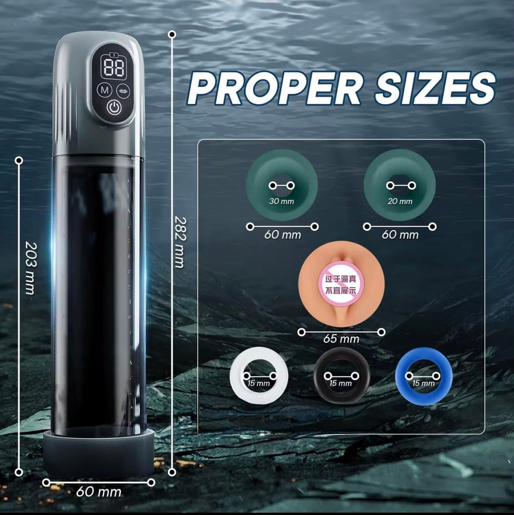 Mr. James® 6-in-1 Electric Penis Vacuum Pump – LED Display, 6 Training & 5 Suction Modes, Waterproof Male Enlarger with Cock Ring & Aircraft Cup – Pleasure Refined