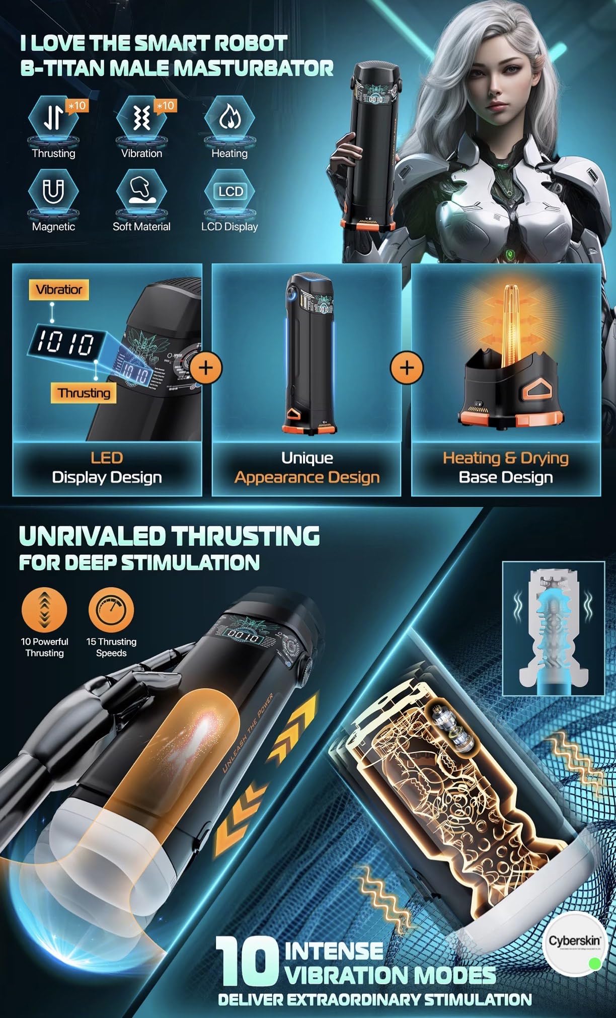B-TITAN Smart Male Masturbator | 4-in-1 Premium Thrusting, Vibration, Heating & Drying | Cyberskin, LED Display, Magnetic Design | Mr James Concepts