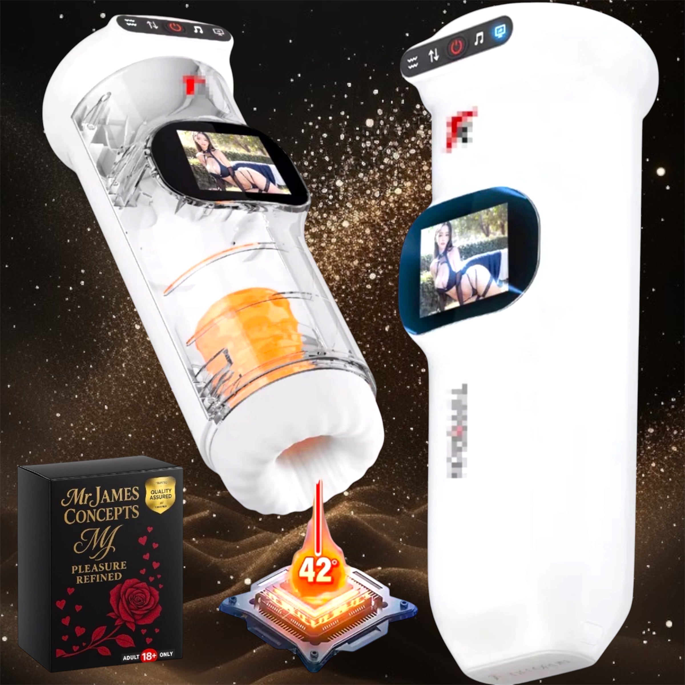 Mr James Concepts™ AURUM AI Pro 2026 – AI App-Controlled Heating & Telescopic Male Stimulation Device with Voice Interaction & LCD Display