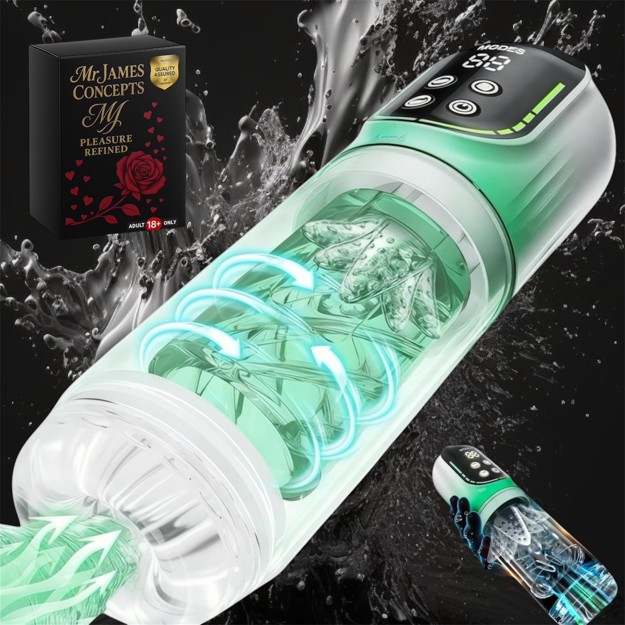 Mr. James™ Male Masturbator Cup with Vacuum Pump – 3 Pressure Levels, 3D Thrusting & Rotating, 7 Modes, Soft Silicone Sleeve, Waterproof, USB Rechargeable Stroker