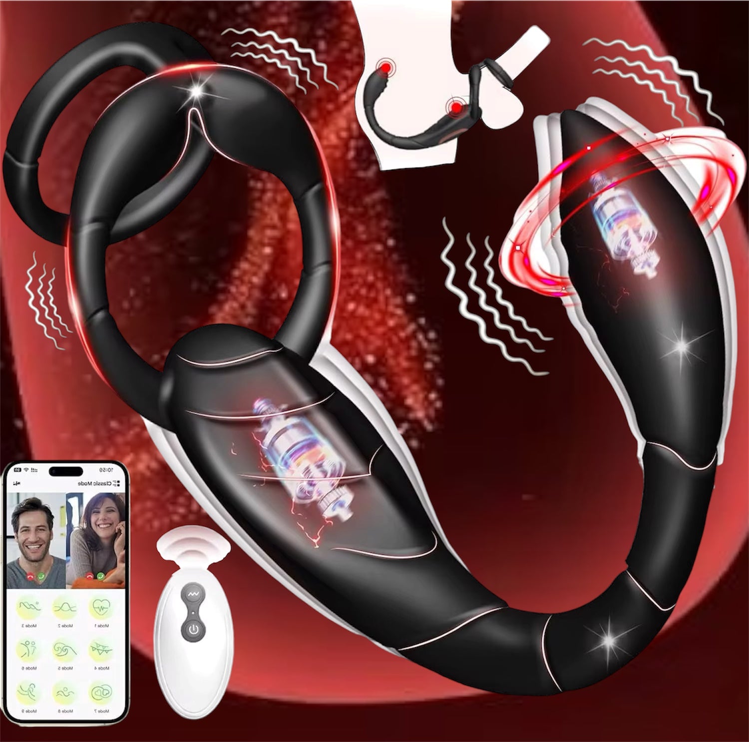 Mr. James Concepts APP & Wireless Remote Control Dual Stimulation Massager with Ring for Couples – 10 Vibration Modes, Magnetic USB Charging, Soft Silicone, Ergonomic Fit – Black