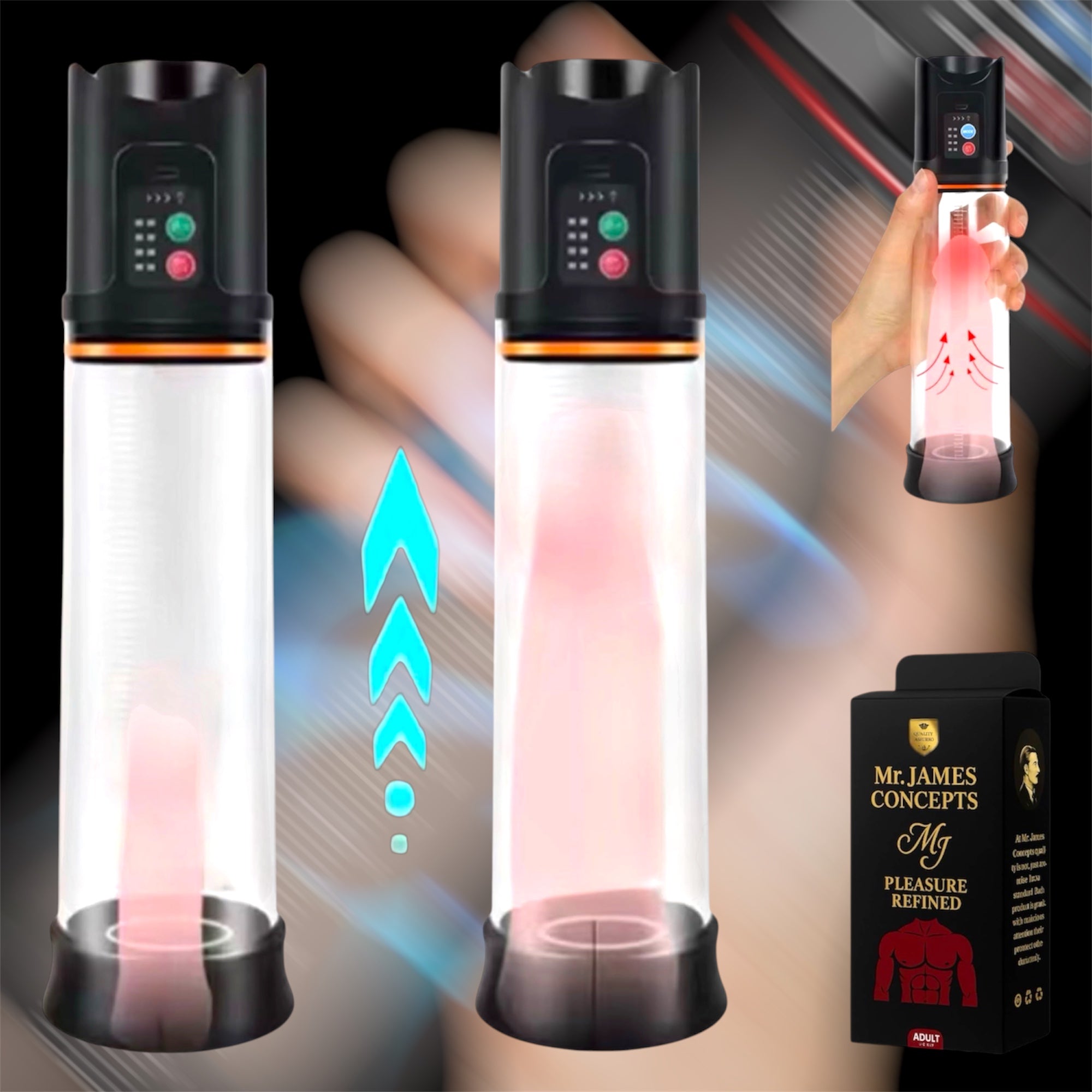 Mr. James Concepts Electric Penis Pump & Masturbation Trainer – Automatic Vacuum Enhancer with 4 Suction Modes, 2 Rubber Rings, Stronger Erections & Stamina Booster – Waterproof Silicone Cup (Black)