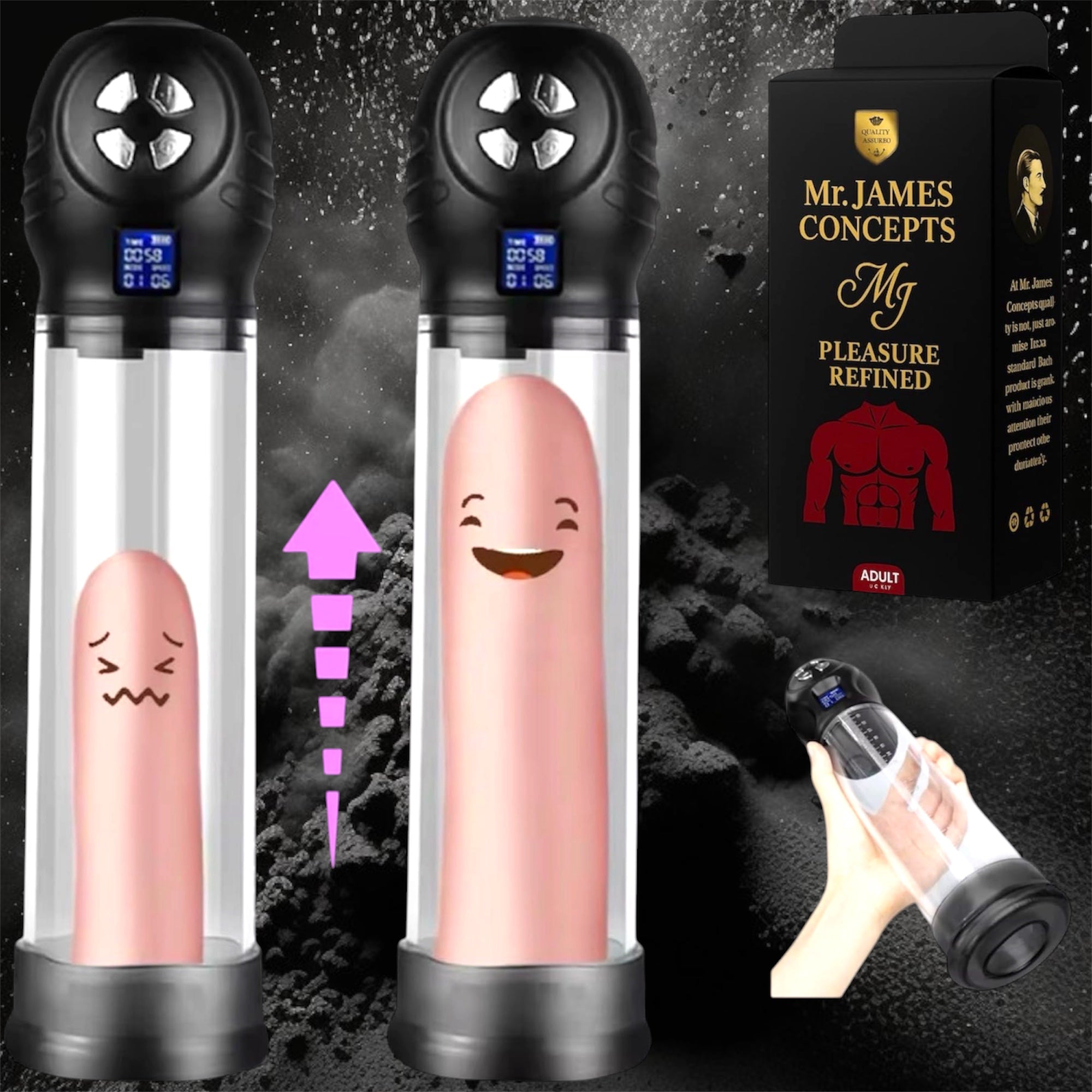 Mr. James Concepts Automatic Penis Pump – Water & Air Vacuum Training Device with 6 Suction Levels & 6 Modes | Rechargeable Male Performance & Wellness Device – Refined Pleasure Series