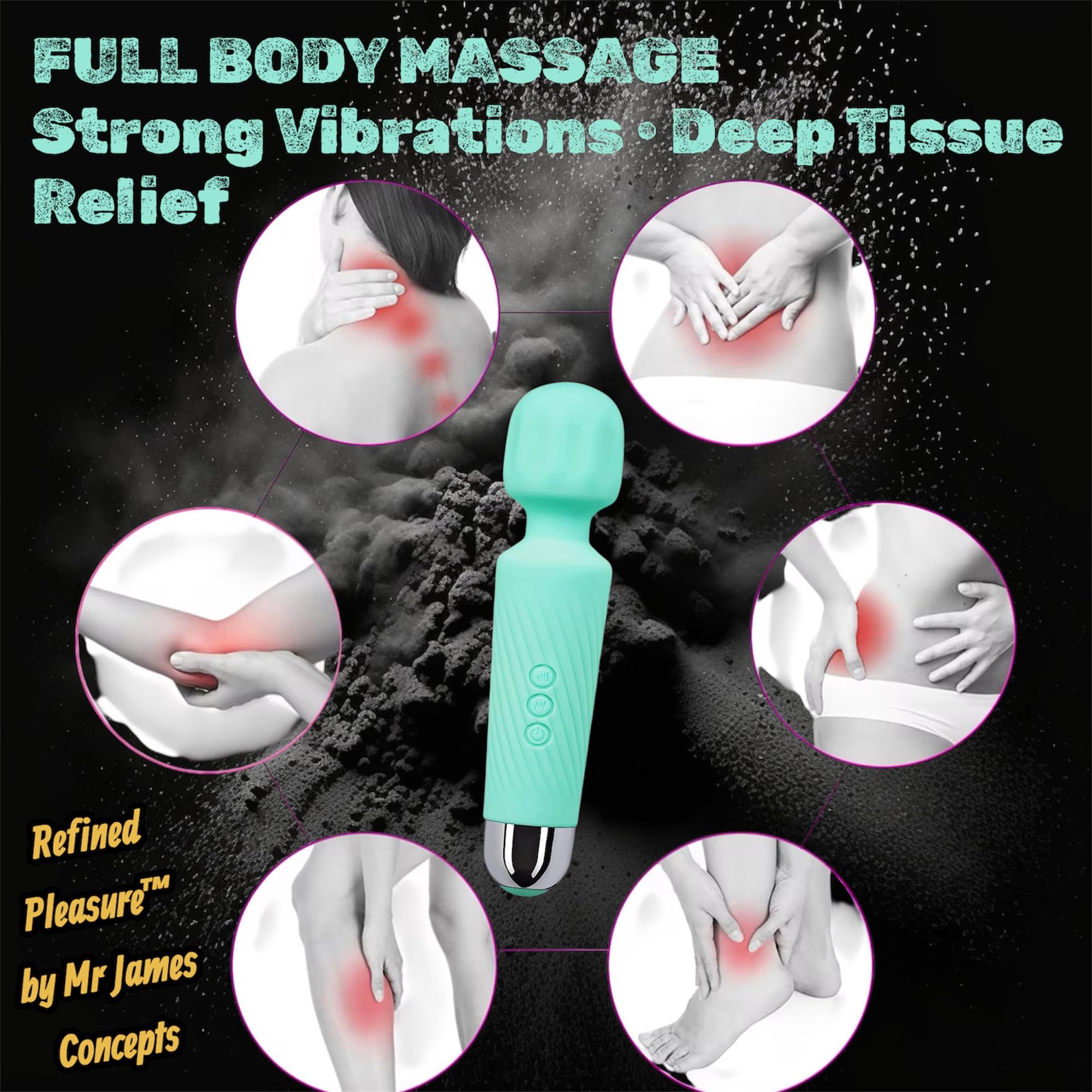 Mr James Concepts Refined Pleasure Rechargeable Wand Massager – 20 Patterns & 8 Speeds Personal Massager, Powerful Quiet Vibration, Flexible Head, Medical Grade Silicone, Waterproof IPX7 Body Massager