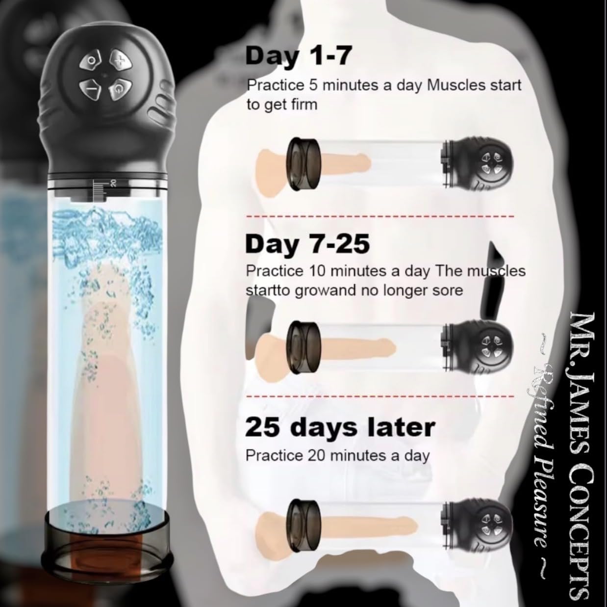 Mr. James Concepts Automatic Penis Pump – Water & Air Vacuum Training Device with 6 Suction Levels & 6 Modes | Rechargeable Male Performance & Wellness Device – Refined Pleasure Series