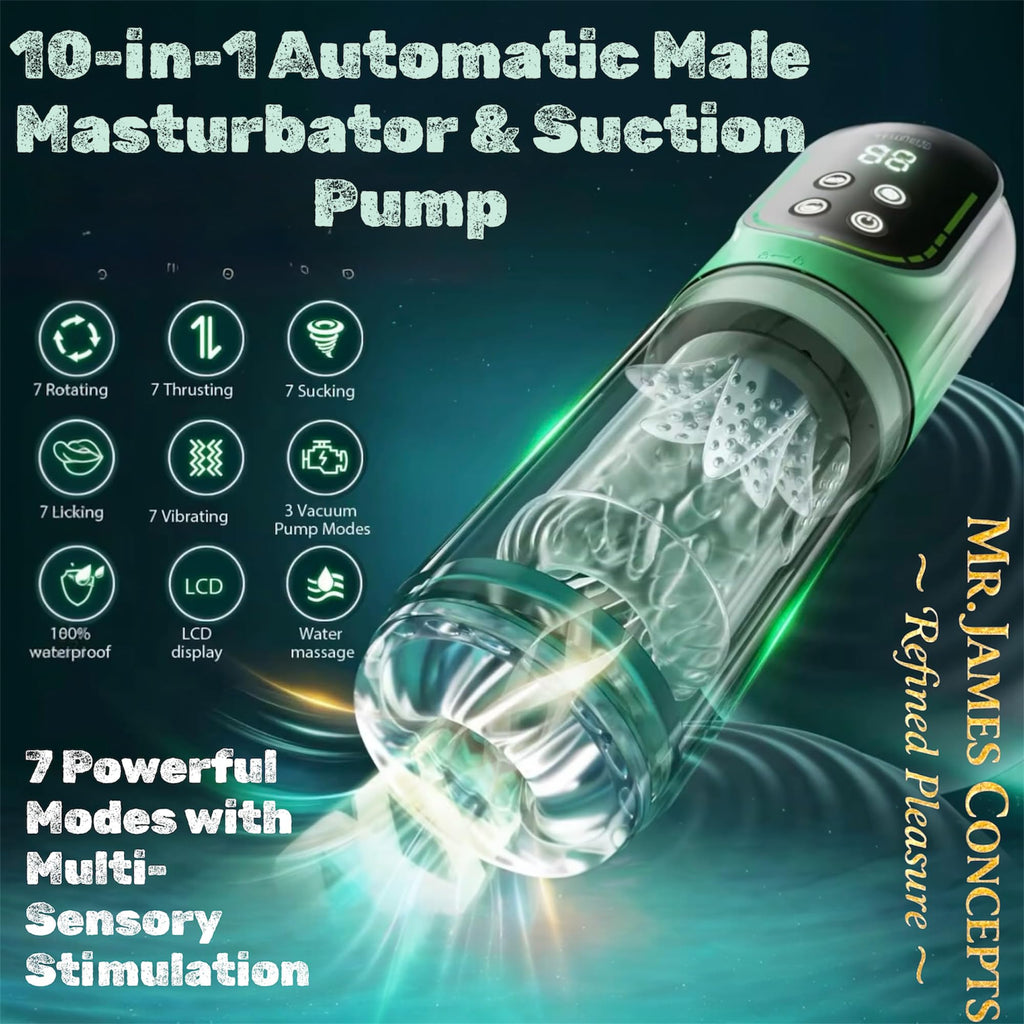 Mr. James™ Male Masturbator Cup with Vacuum Pump – 3 Pressure Levels, 3D Thrusting & Rotating, 7 Modes, Soft Silicone Sleeve, Waterproof, USB Rechargeable Stroker