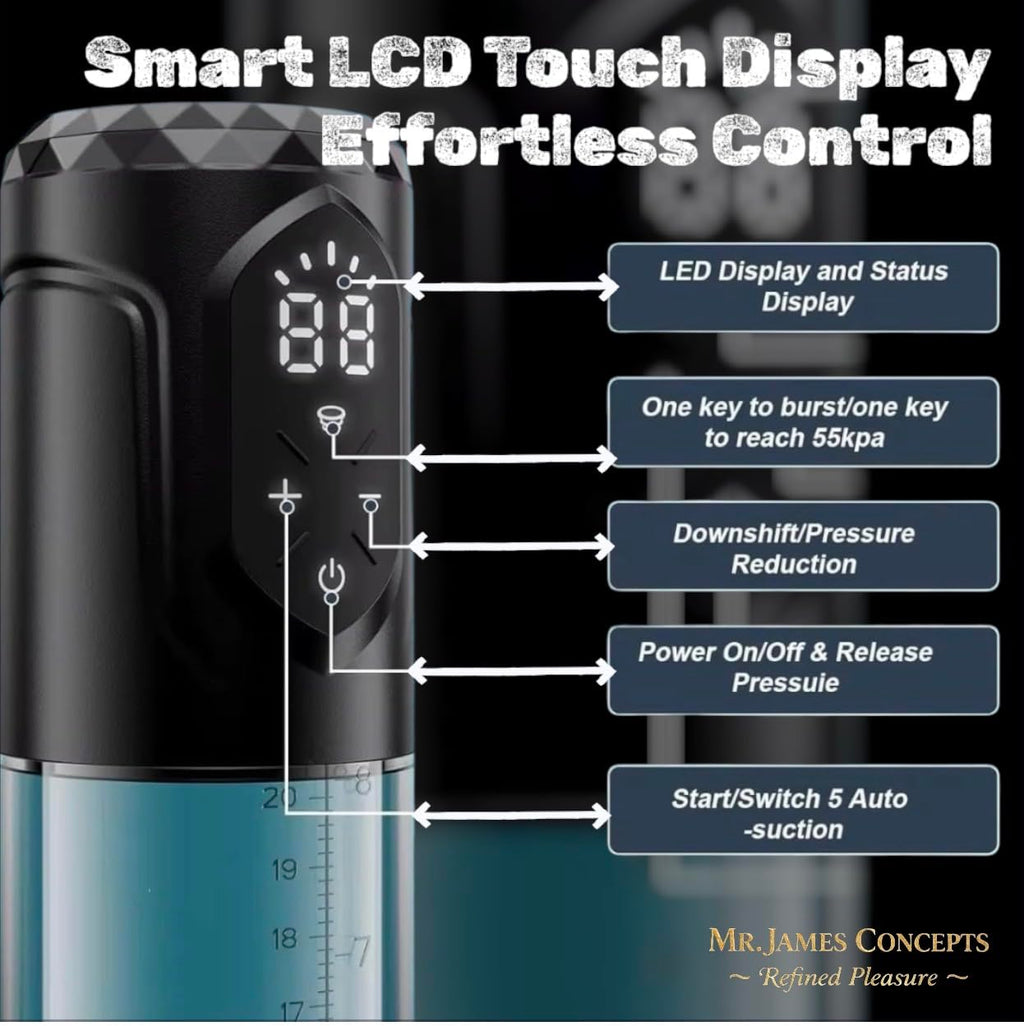 Mr. James Concepts Electric Penis Pump – Automatic Vacuum Enlarger & Male Masturbator | 5 Suction Modes, LCD Touch Display, Pocket Pussy Sleeve, USB Rechargeable, IPX7 Waterproof