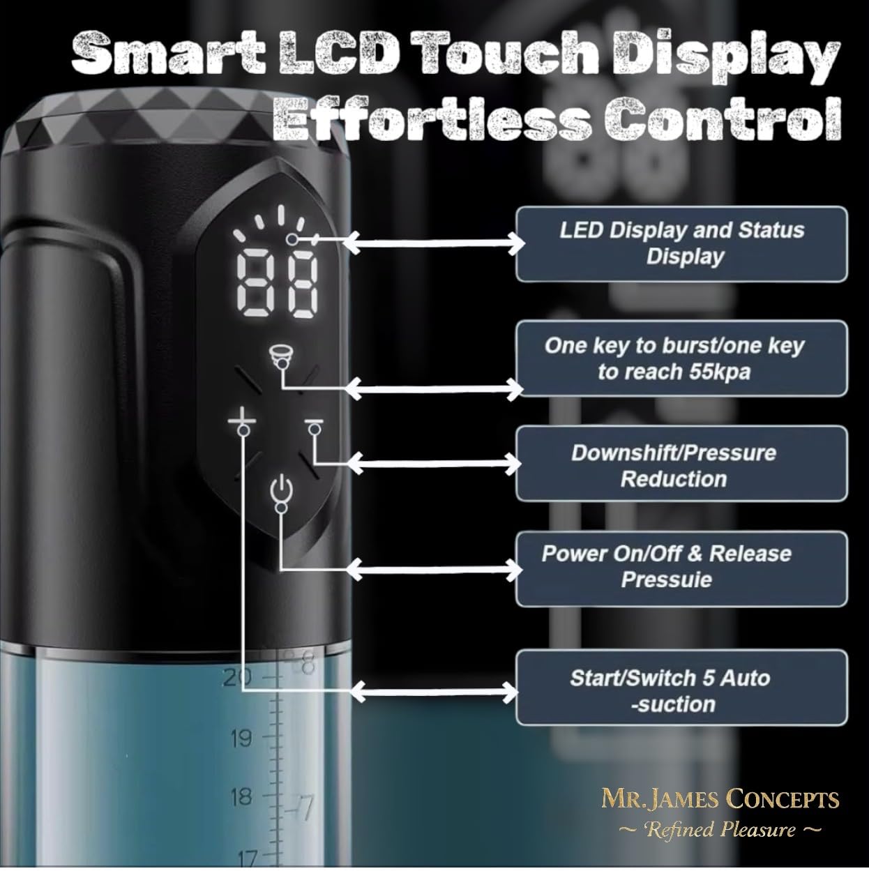 Mr. James Concepts Electric Penis Pump – Automatic Vacuum Enlarger & Male Masturbator | 5 Suction Modes, LCD Touch Display, Pocket Pussy Sleeve, USB Rechargeable, IPX7 Waterproof