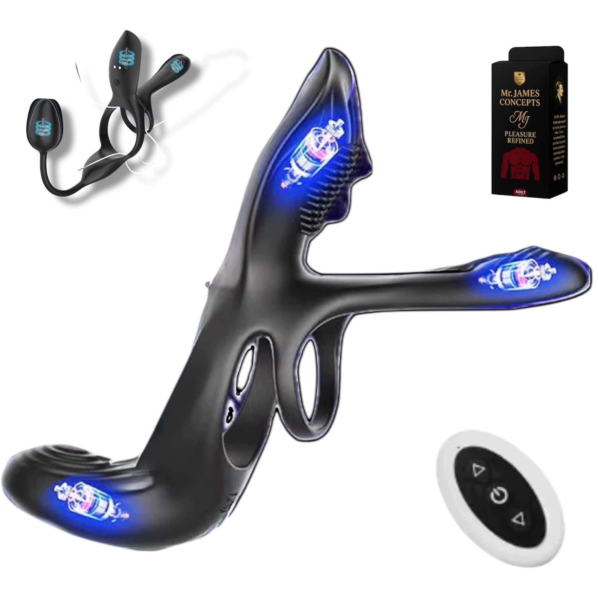 Mr James Concepts Prostate Stimulator with Dual Ring – USB Magnetic Rechargeable Male Vibrator, 10+10+10 Modes, Stretchable Silicone, Waterproof, Remote Control, Fits All