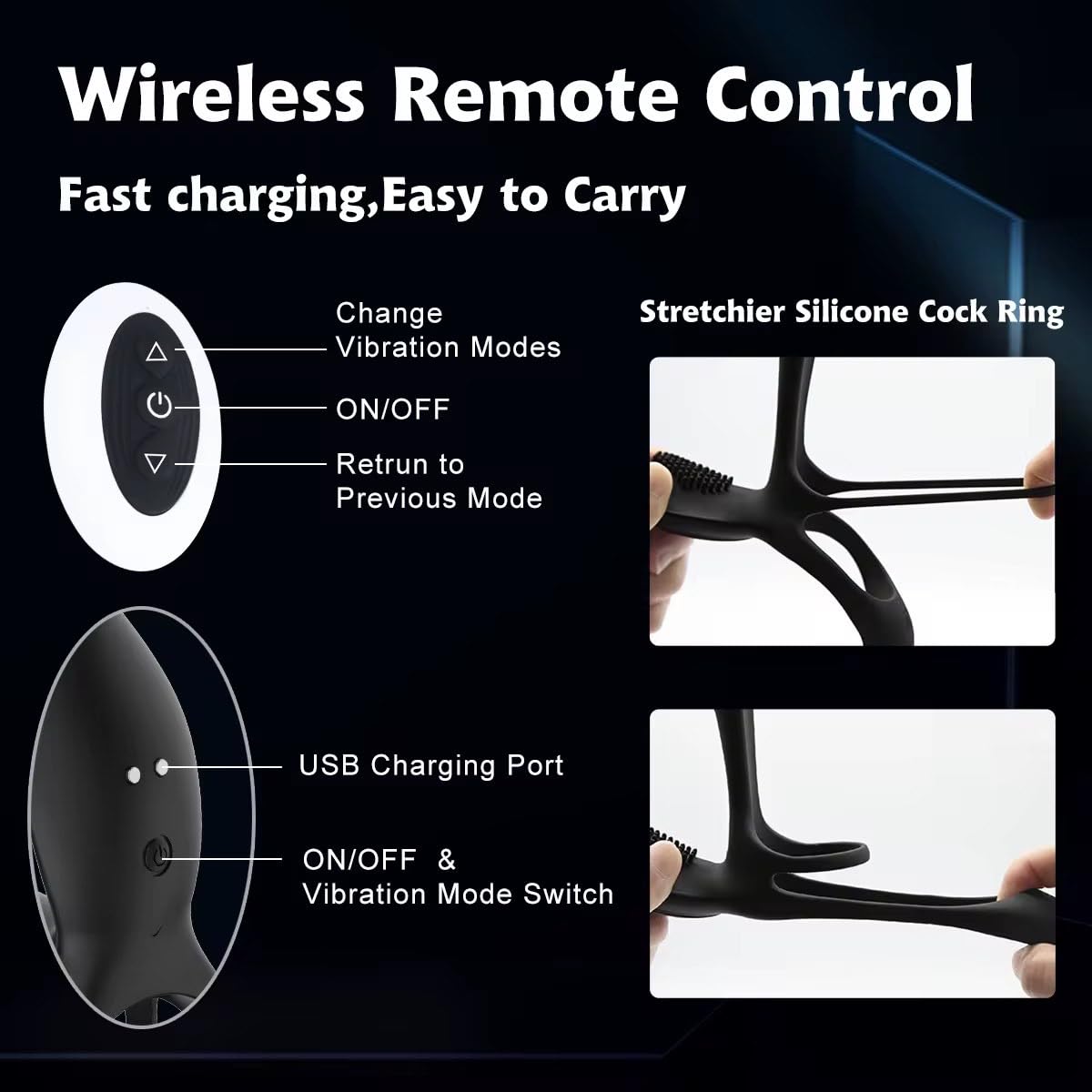 Mr James Concepts Prostate Stimulator with Dual Ring – USB Magnetic Rechargeable Male Vibrator, 10+10+10 Modes, Stretchable Silicone, Waterproof, Remote Control, Fits All