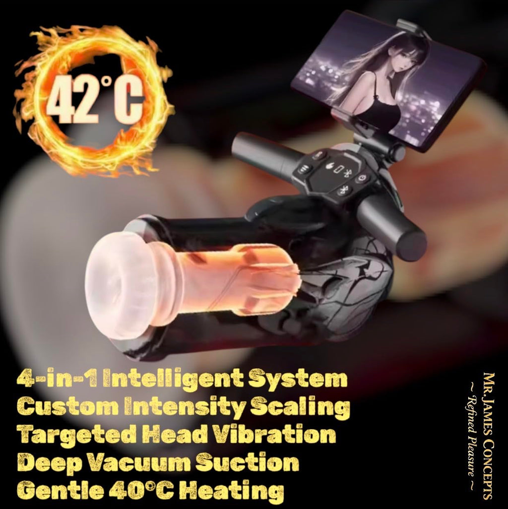 Mr. James Concepts™ Bluetooth Thrusting Male Masturbator Cup – Automatic Heating, Suction & Vibration with 360° Phone Holder | Telescopic Penis Stroker with 10 Suction & 13 Vibration Modes – Refined P
